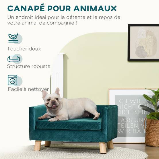 Canapé chien lit pour chien design scandinave coussin moelleux pieds bois massif dim. 64 x 45 x 36 cm velours bleu canard - Image 6