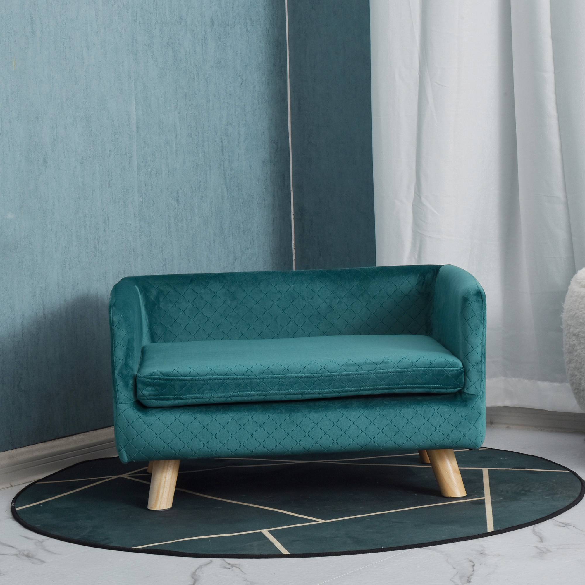 Canapé chien lit pour chien design scandinave coussin moelleux pieds bois massif dim. 64 x 45 x 36 cm velours bleu canard - Image 4