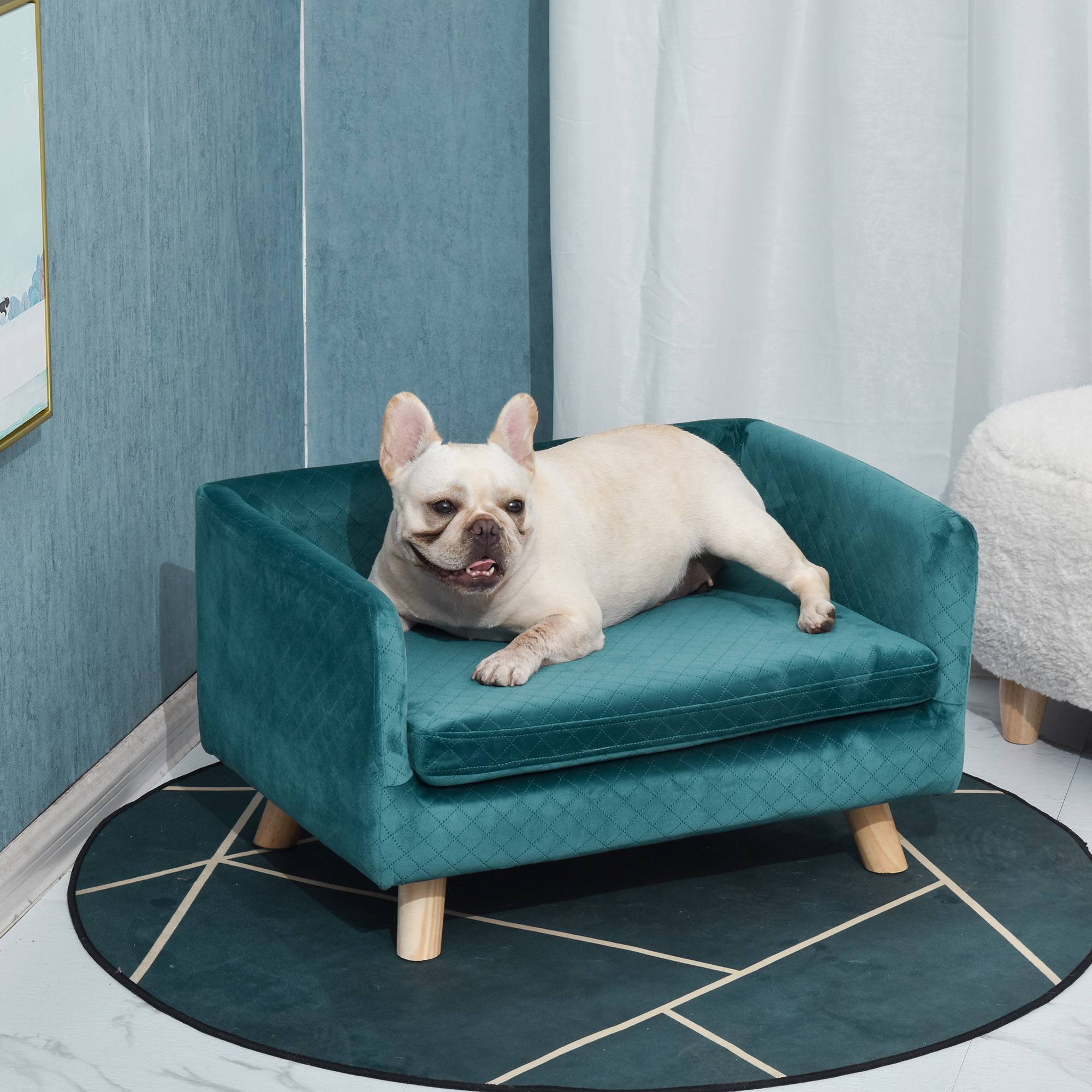 Canapé chien lit pour chien design scandinave coussin moelleux pieds bois massif dim. 64 x 45 x 36 cm velours bleu canard - Image 3