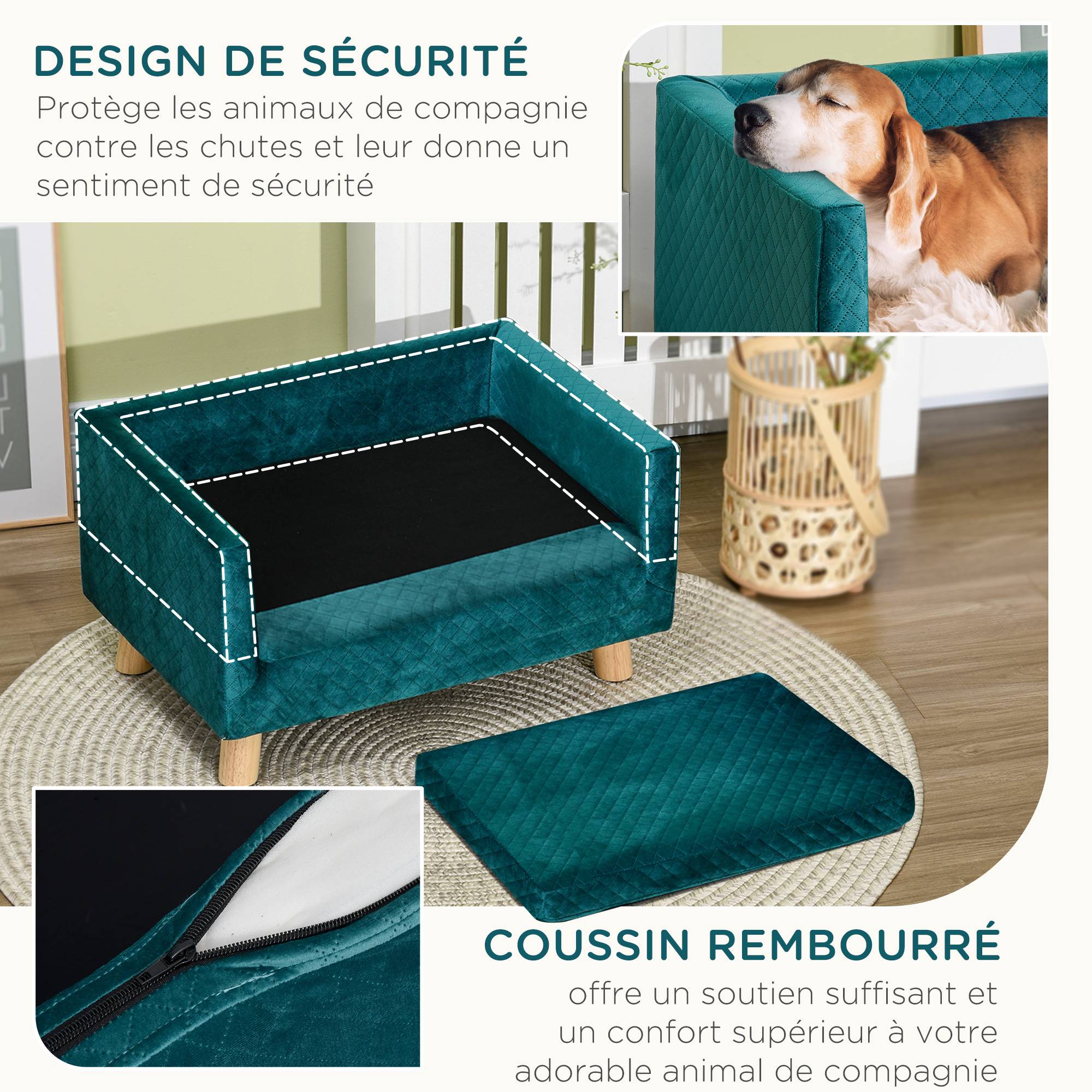 Canapé chien lit pour chien design scandinave coussin moelleux pieds bois massif dim. 64 x 45 x 36 cm velours bleu canard - Image 8