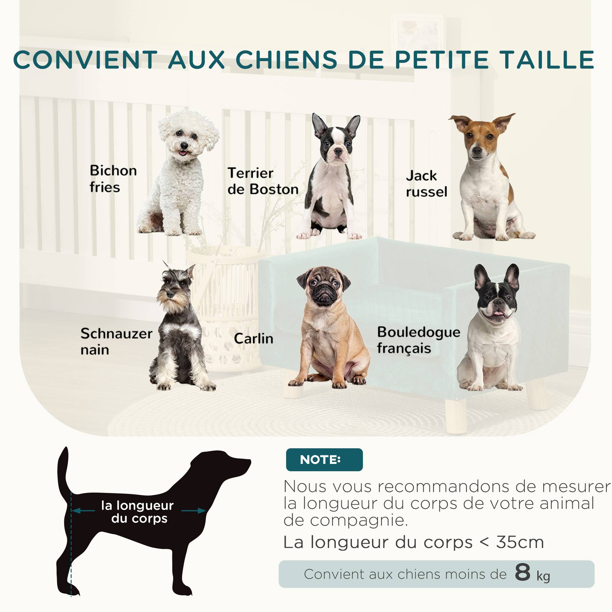Canapé chien lit pour chien design scandinave coussin moelleux pieds bois massif dim. 64 x 45 x 36 cm velours bleu canard - Image 9