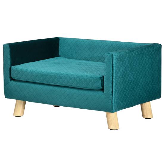 Canapé chien lit pour chien design scandinave coussin moelleux pieds bois massif dim. 64 x 45 x 36 cm velours bleu canard - Image 2