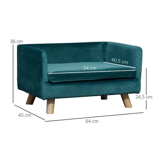 Canapé chien lit pour chien design scandinave coussin moelleux pieds bois massif dim. 64 x 45 x 36 cm velours bleu canard - Image 5