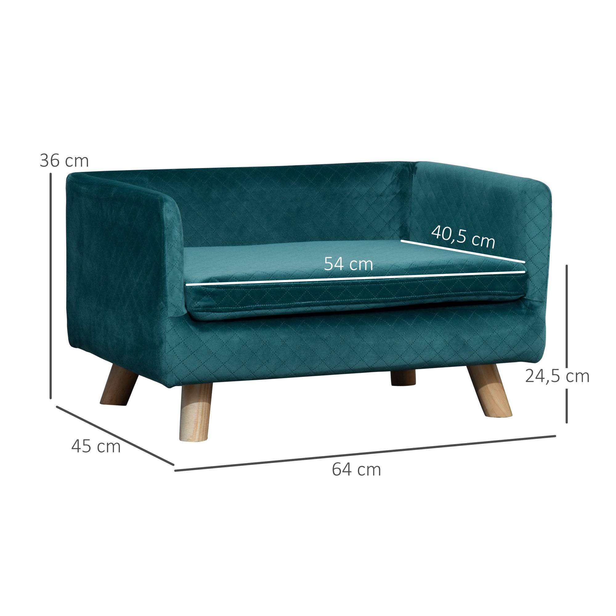 Canapé chien lit pour chien design scandinave coussin moelleux pieds bois massif dim. 64 x 45 x 36 cm velours bleu canard - Image 5