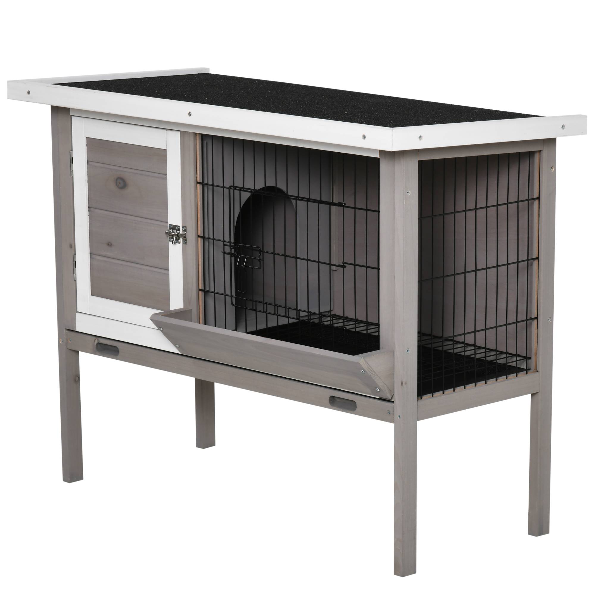 Clapier Bois Surélevé pour Lapins et Petits Animaux avec Toit Charnières, Mangeoire, Bac Amovible et 2 Portes, 91 x 46 x 71 cm, Gris - Image 2