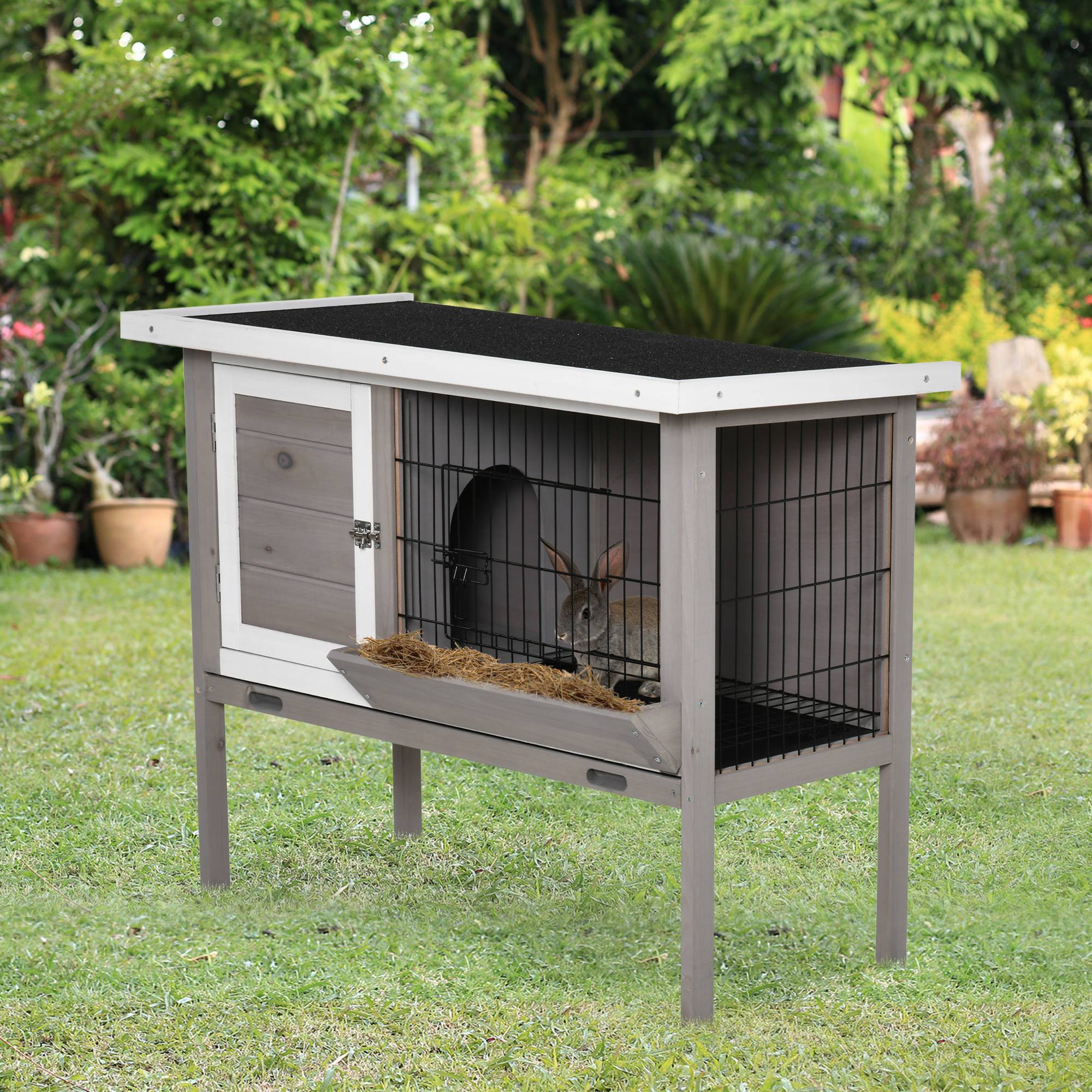 Clapier Bois Surélevé pour Lapins et Petits Animaux avec Toit Charnières, Mangeoire, Bac Amovible et 2 Portes, 91 x 46 x 71 cm, Gris - Image 3