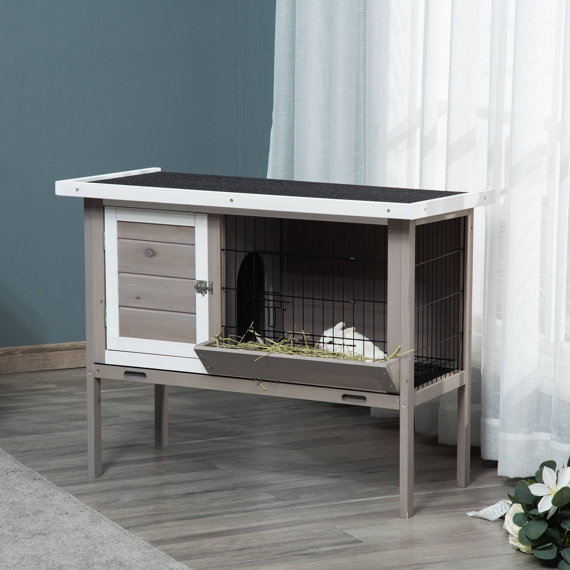 Clapier Bois Surélevé pour Lapins et Petits Animaux avec Toit Charnières, Mangeoire, Bac Amovible et 2 Portes, 91 x 46 x 71 cm, Gris - Image 4
