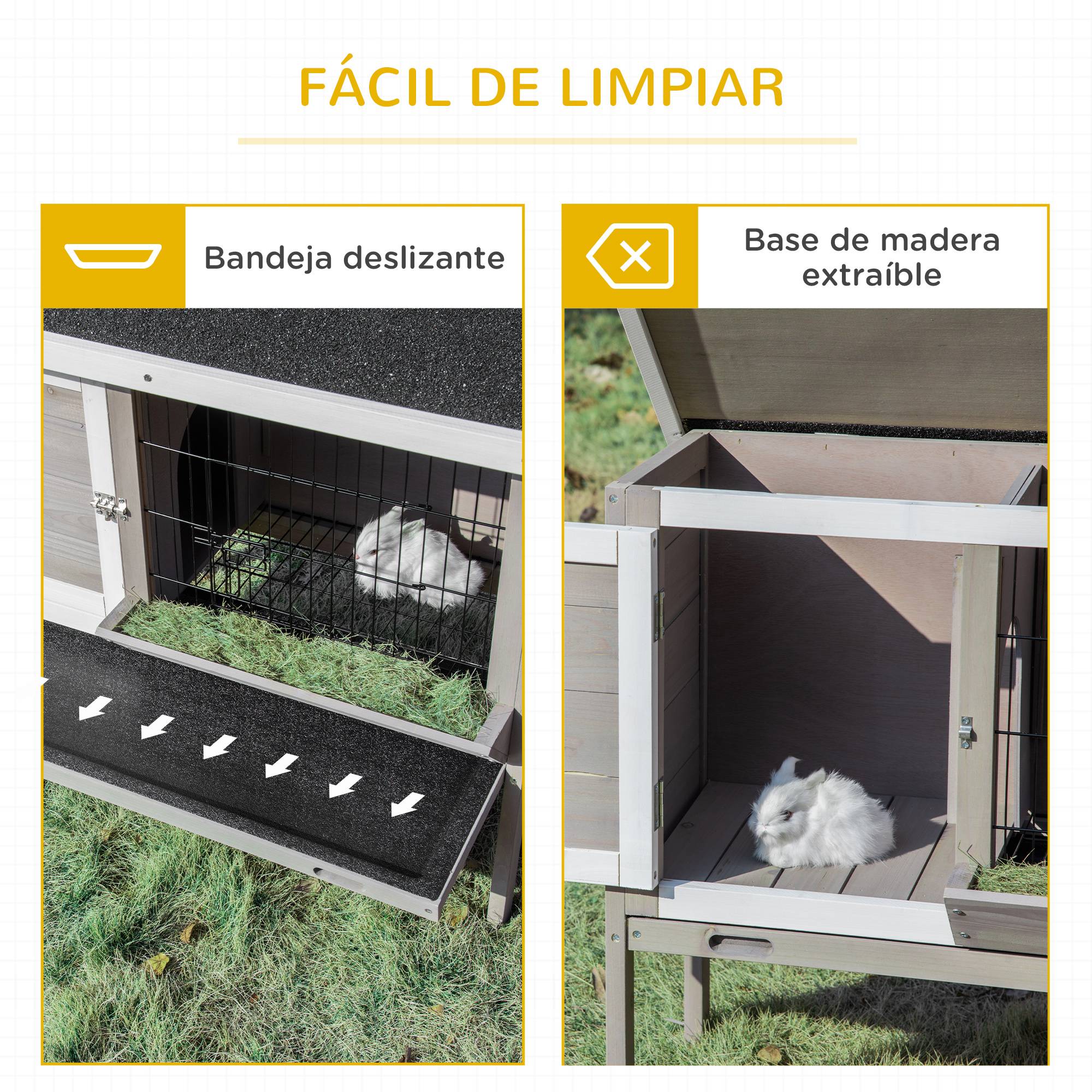 Clapier Bois Surélevé pour Lapins et Petits Animaux avec Toit Charnières, Mangeoire, Bac Amovible et 2 Portes, 91 x 46 x 71 cm, Gris - Image 8