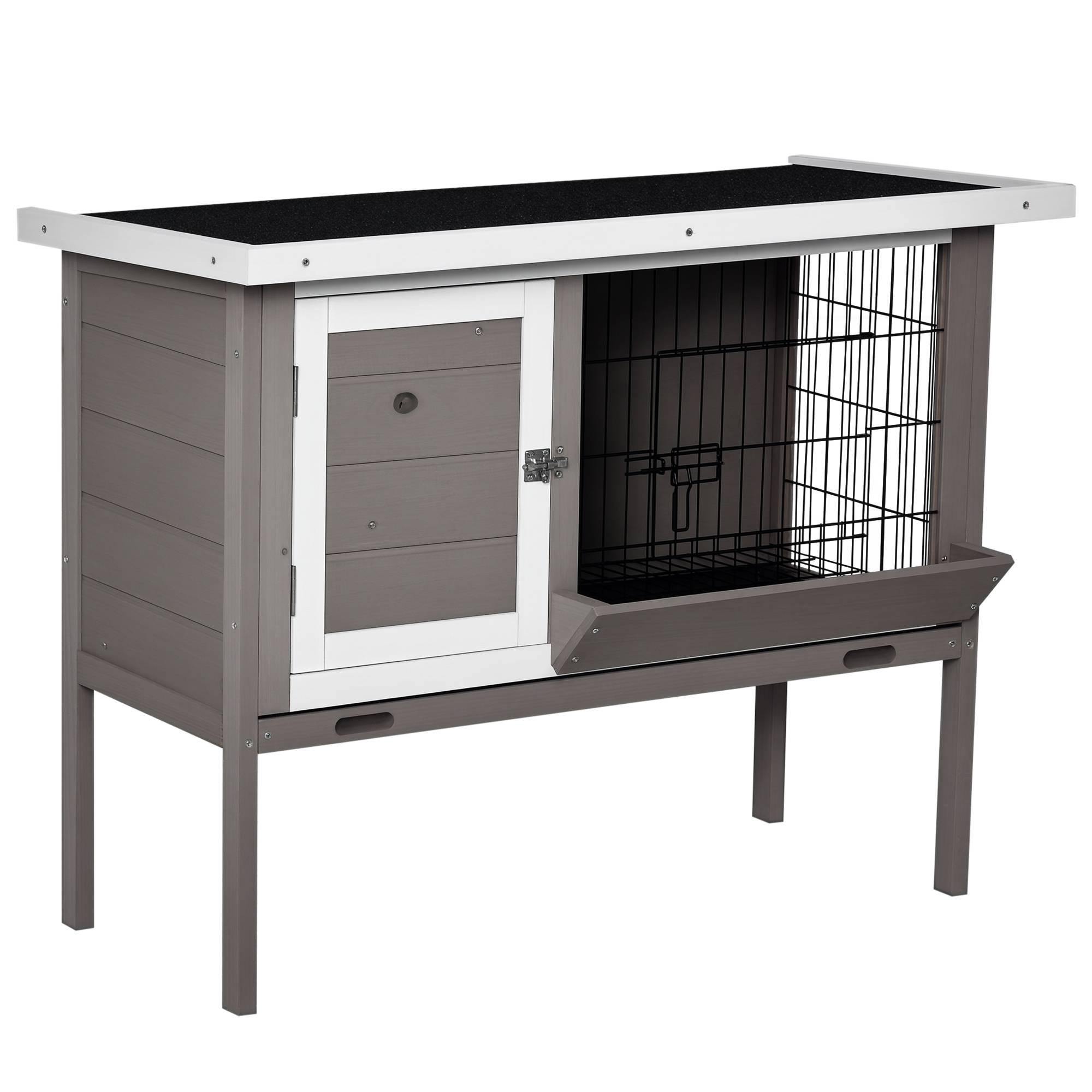Clapier Bois Surélevé pour Lapins et Petits Animaux avec Toit Charnières, Mangeoire, Bac Amovible et 2 Portes, 91 x 46 x 71 cm, Gris - Image 1