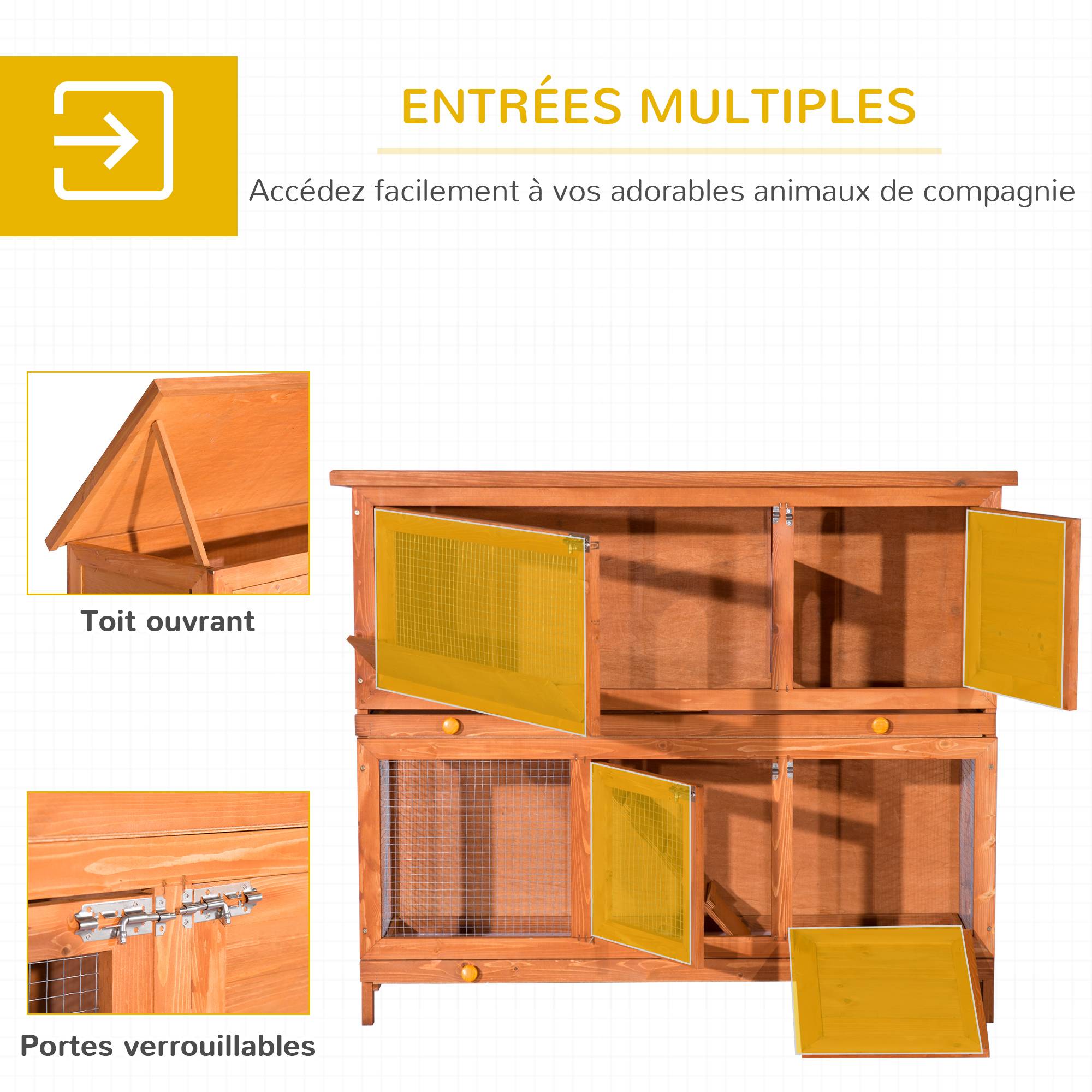 Grand clapier à lapins bois extérieur 2 étages avec râtelier à foin marron - ComfortXL Outdoor Living - Image 7