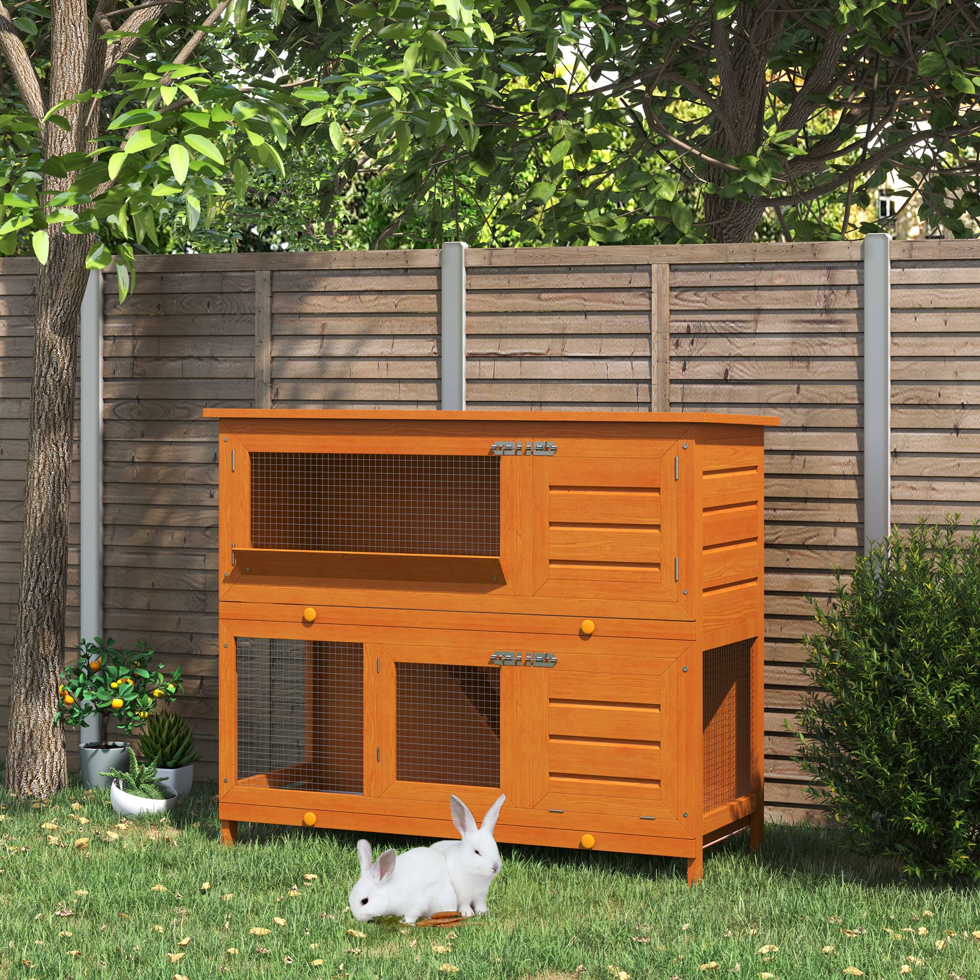 Grand clapier à lapins bois extérieur 2 étages avec râtelier à foin marron - ComfortXL Outdoor Living - Image 3