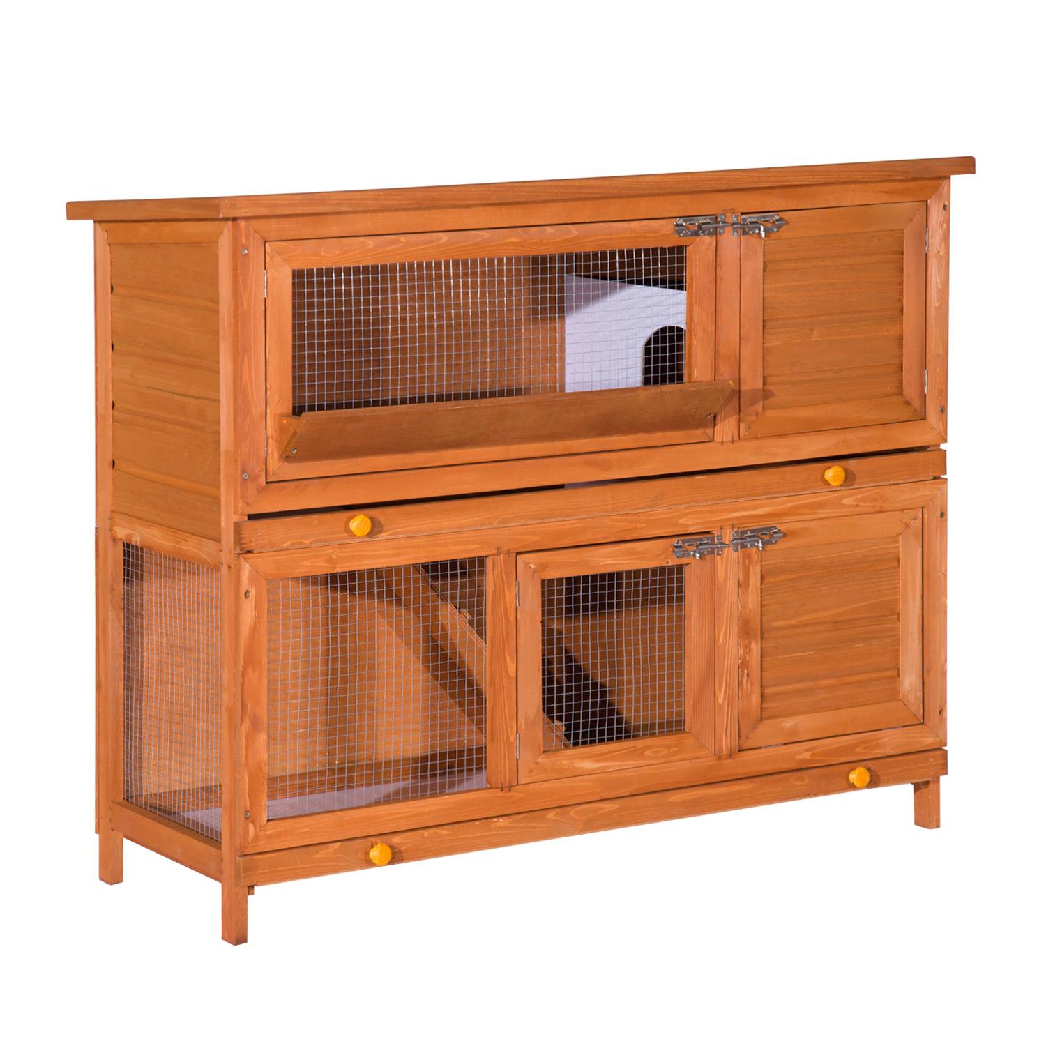 Grand clapier à lapins bois extérieur 2 étages avec râtelier à foin marron - ComfortXL Outdoor Living - Image 1