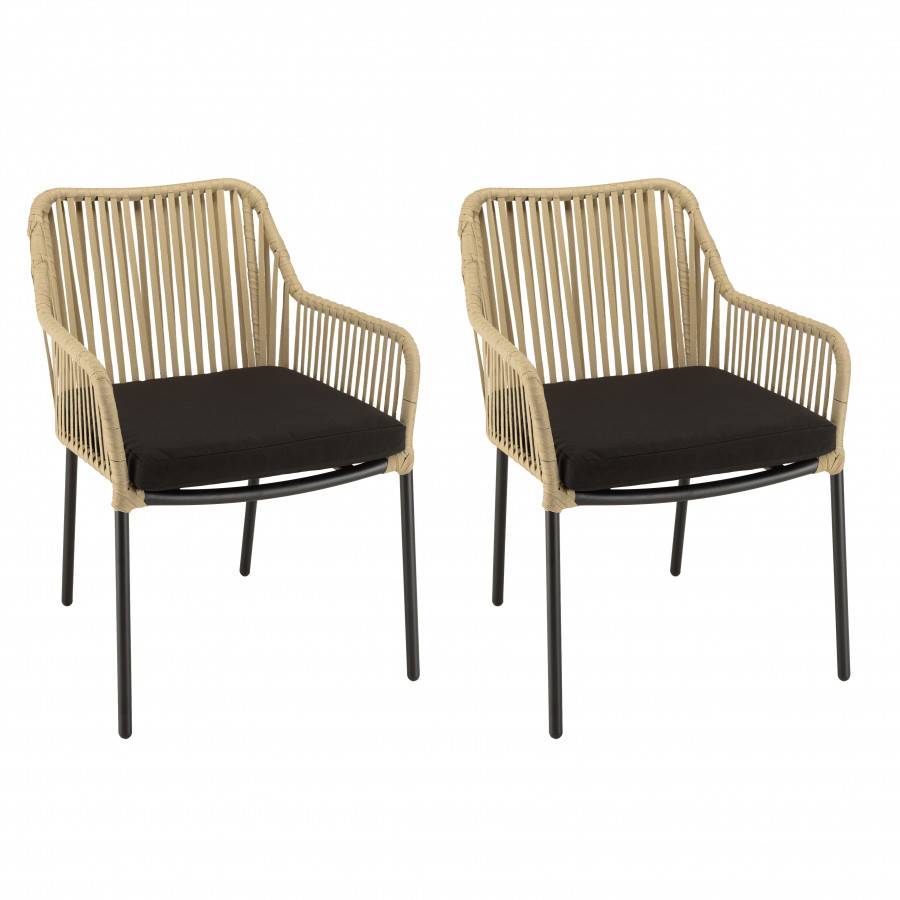 Macabane - MALO - SALON DE JARDIN 4 PERS. - 1 Table ronde 120x120cm et 4 fauteuils beiges et noirs en cordage - Imagen 6