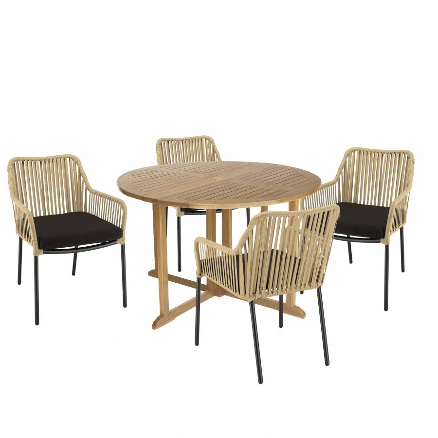 Macabane - MALO - SALON DE JARDIN 4 PERS. - 1 Table ronde 120x120cm et 4 fauteuils beiges et noirs en cordage - Imagen 1