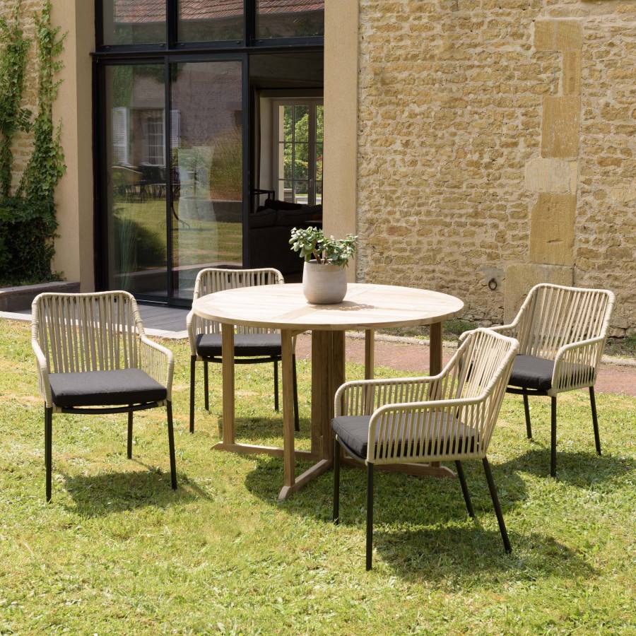 Macabane - MALO - SALON DE JARDIN 4 PERS. - 1 Table ronde 120x120cm et 4 fauteuils beiges et noirs en cordage - Imagen 2