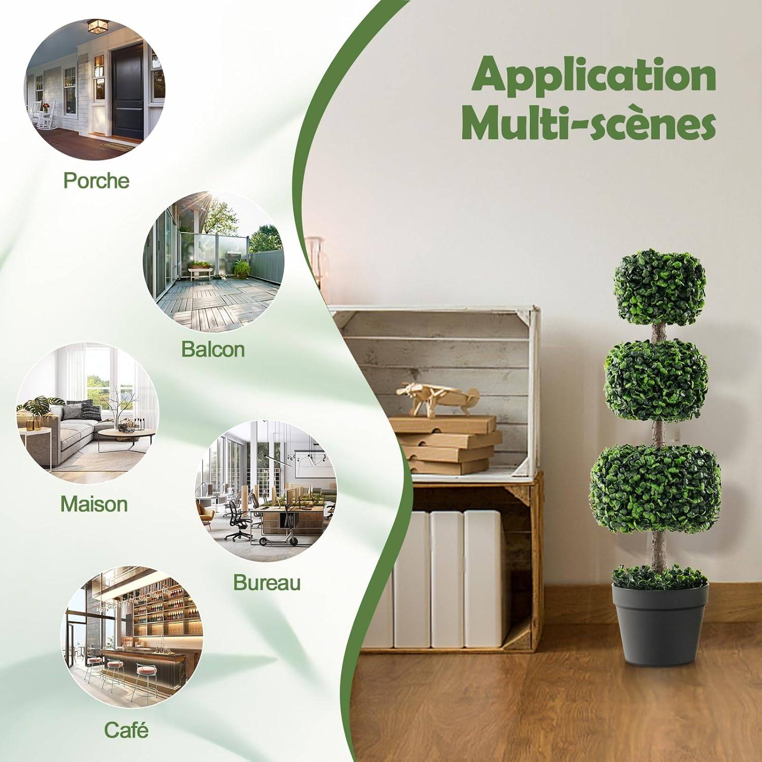 Arbre Topiaire en Buis Artificiel 75 cm de Forme Triple Carrée, pour Décoration - Image 5