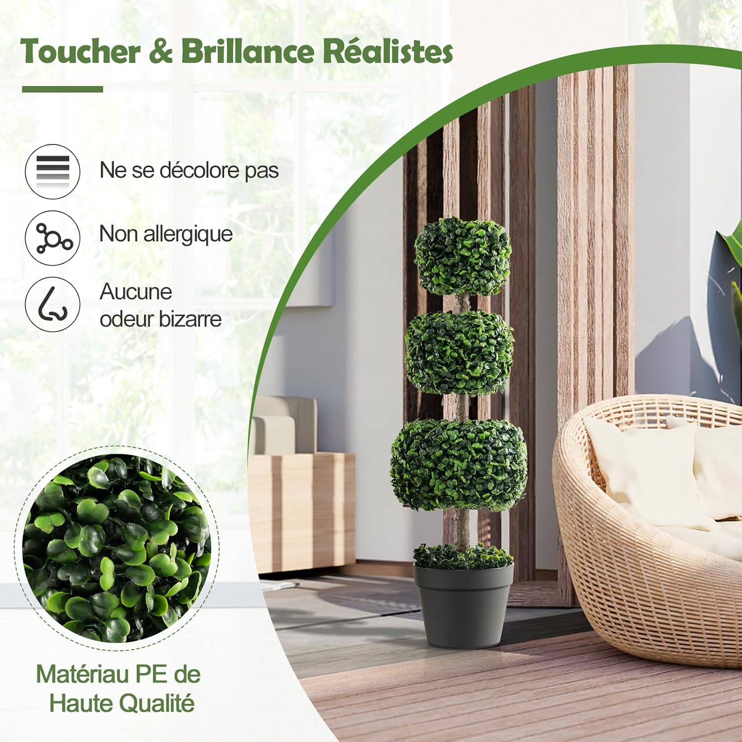 Arbre Topiaire en Buis Artificiel 75 cm de Forme Triple Carrée, pour Décoration - Image 3