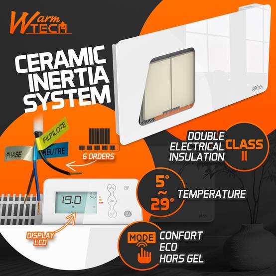 Radiateur inertie céramique avec façade en verre 2000 W - IP24 - NF - Fil pilote 6 ordres. - Image 3