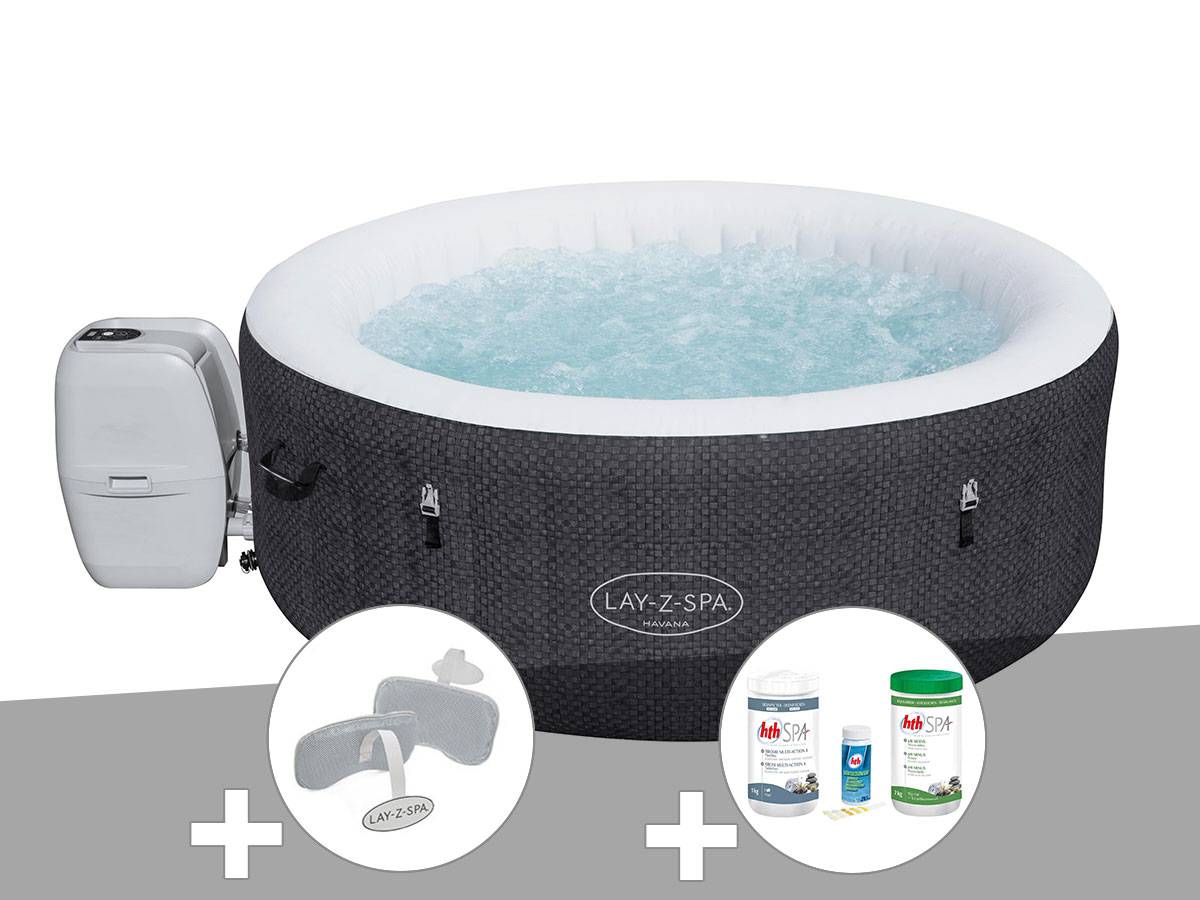 Bestway - Kit spa gonflable Bestway Lay-Z-Spa Havana rond Airjet 2/4 places + Kit traitement brome + 2 appuie-têtes