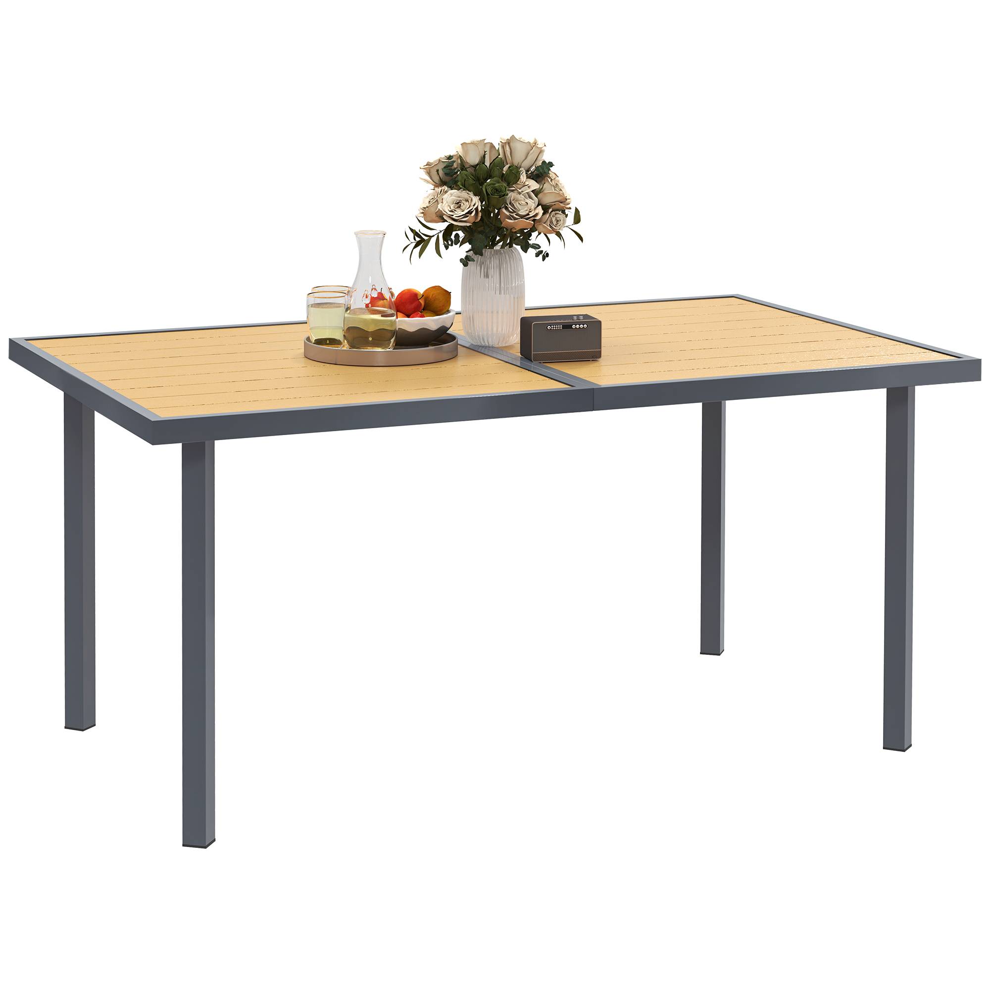 Table à manger de jardin pour 6 personnes table de jardin avec plateau effet bois en acier 150 x 90 x 72 cm bois naturel - Image 1