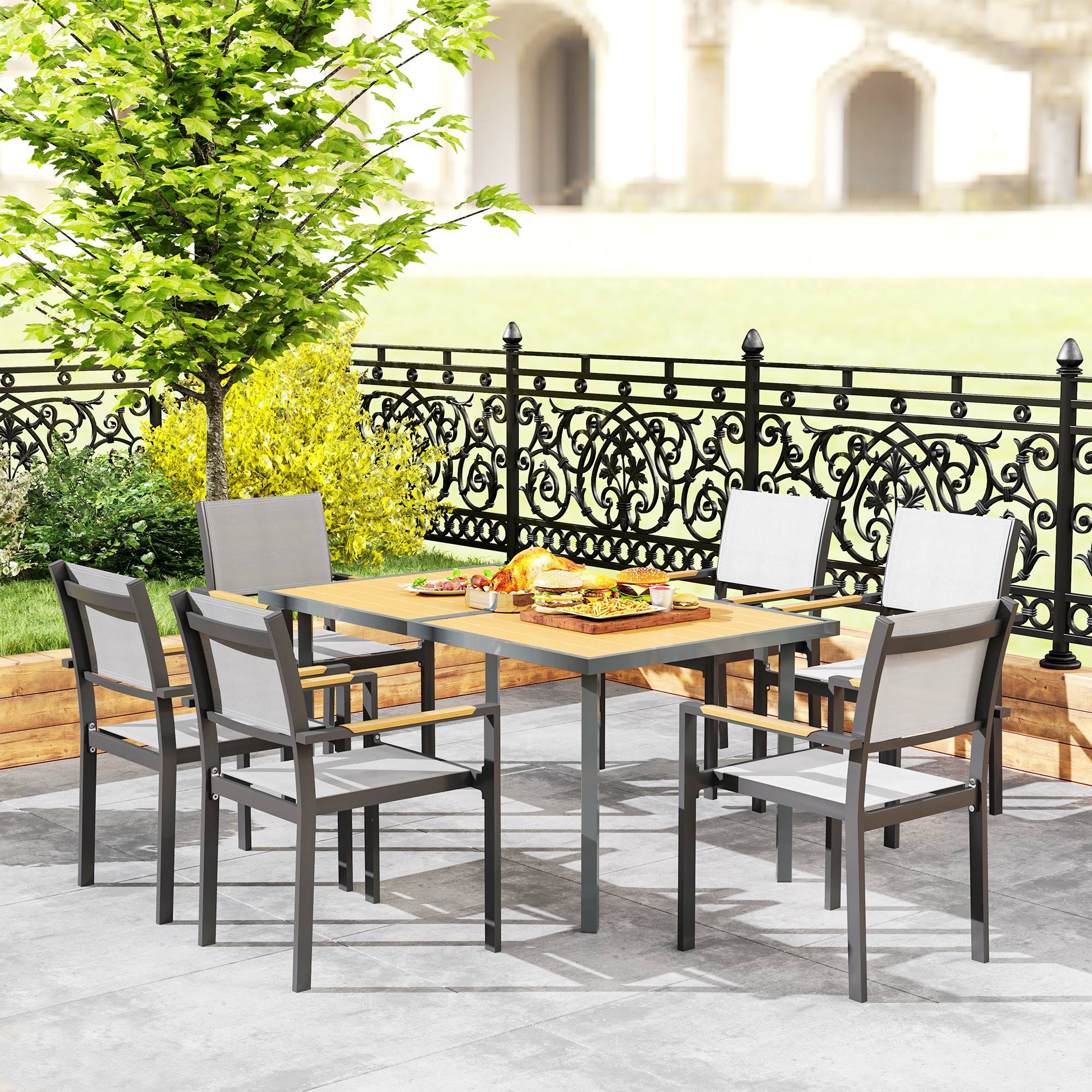 Table à manger de jardin pour 6 personnes table de jardin avec plateau effet bois en acier 150 x 90 x 72 cm bois naturel - Image 8