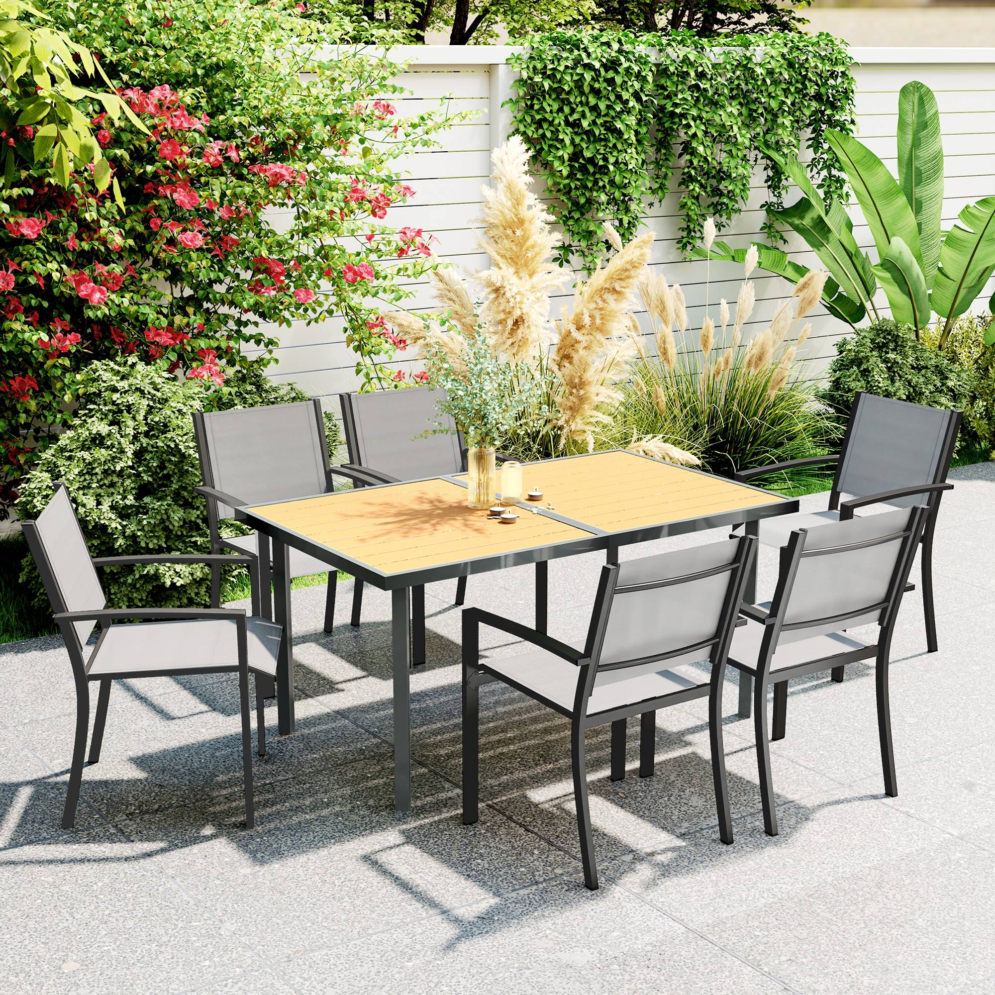 Table à manger de jardin pour 6 personnes table de jardin avec plateau effet bois en acier 150 x 90 x 72 cm bois naturel - Image 3