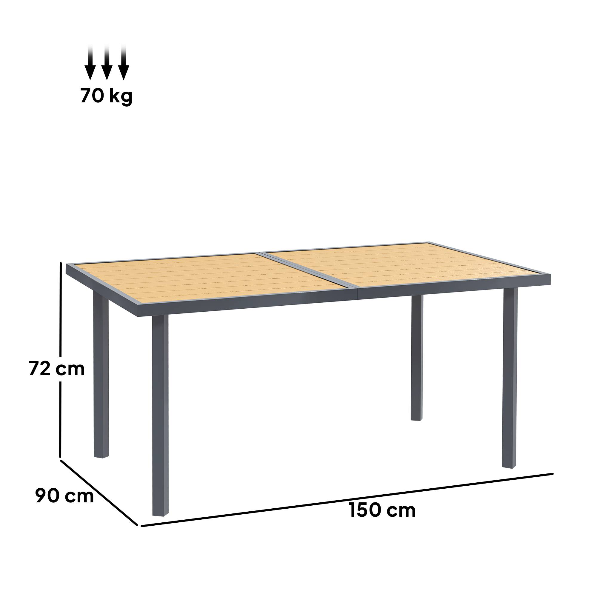 Table à manger de jardin pour 6 personnes table de jardin avec plateau effet bois en acier 150 x 90 x 72 cm bois naturel - Image 5