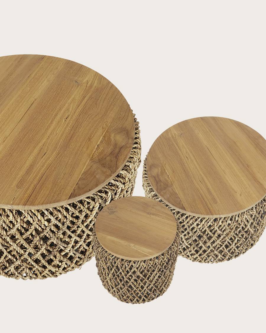 Yuda - Lot de trois tables en bois de teck massif et tissage banane avec rangements - UNIQKA - Imagen 3