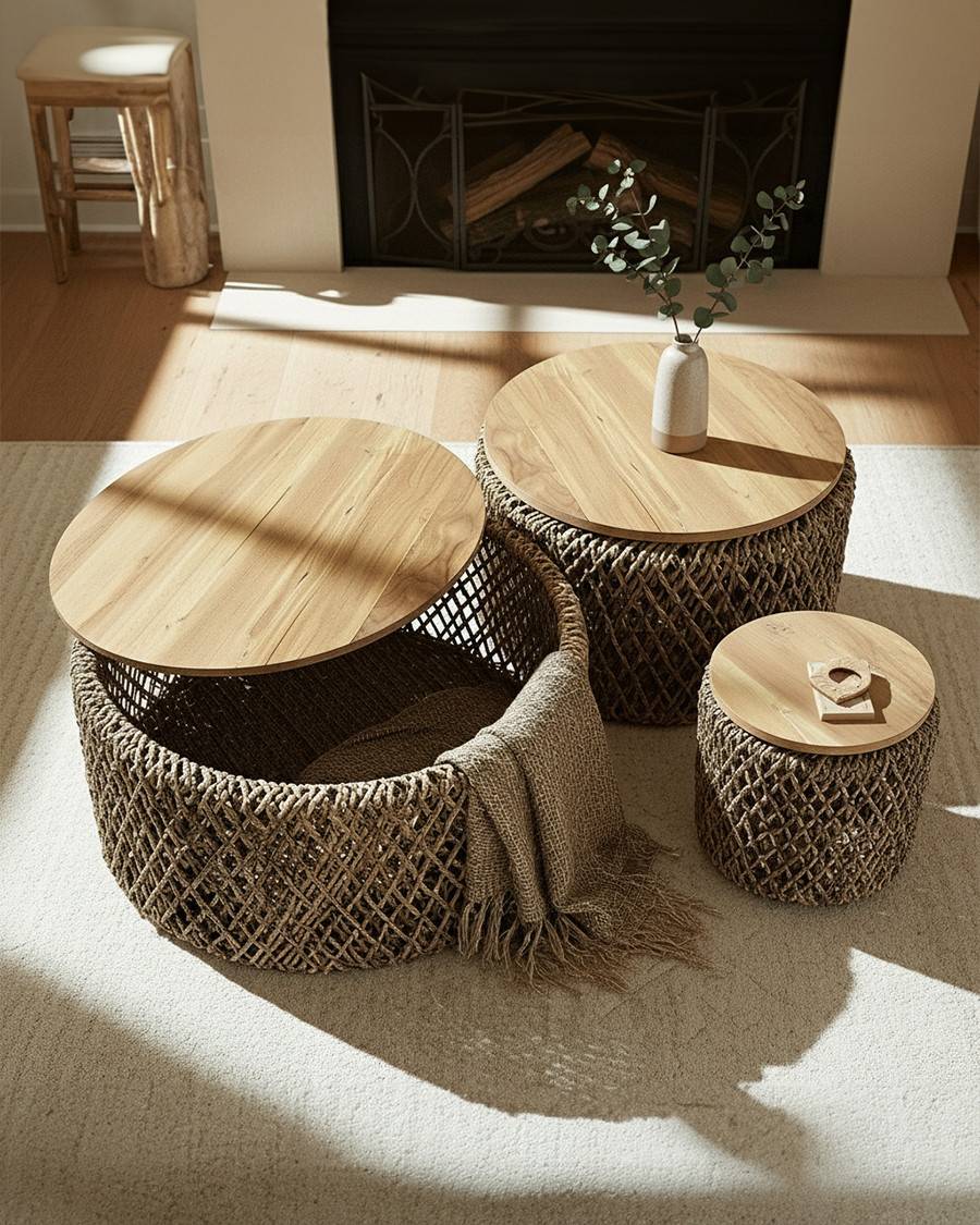 Yuda - Lot de trois tables en bois de teck massif et tissage banane avec rangements - UNIQKA - Imagen 2