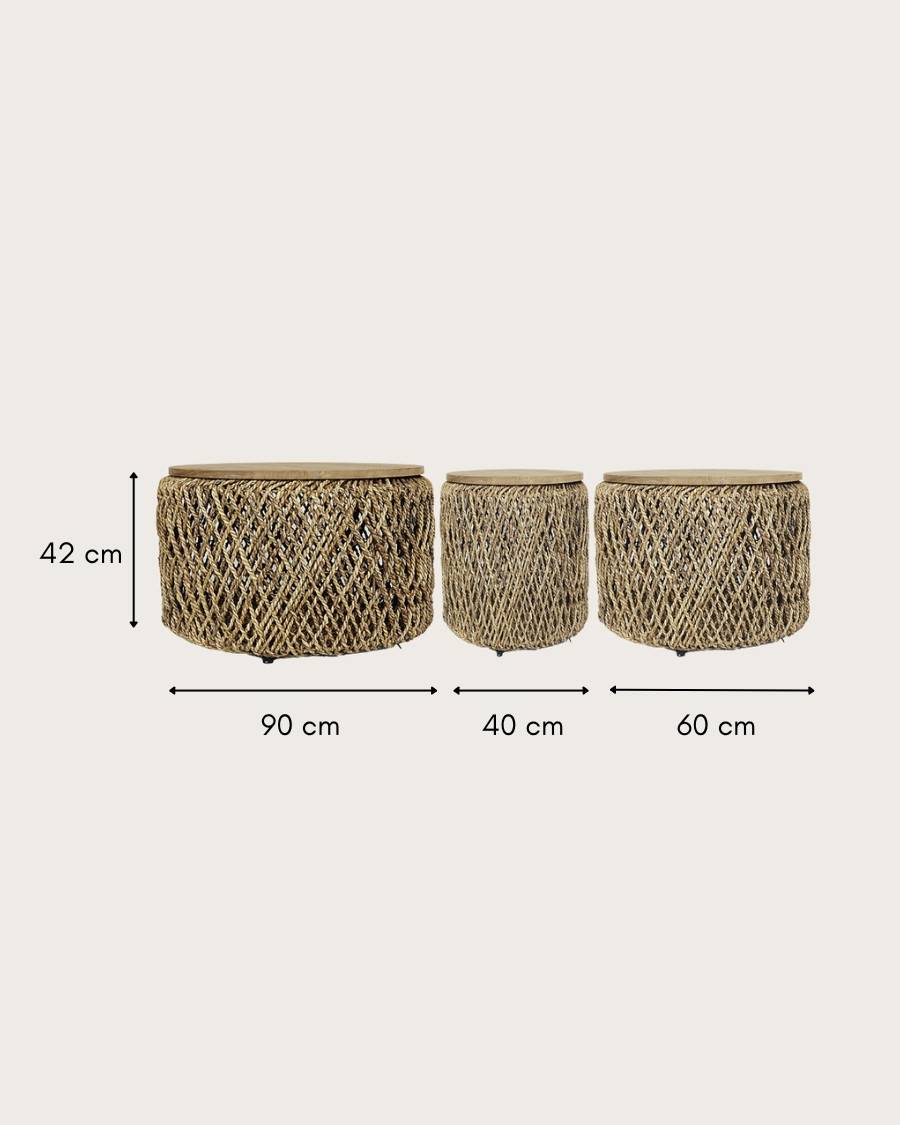 Yuda - Lot de trois tables en bois de teck massif et tissage banane avec rangements - UNIQKA - Imagen 7