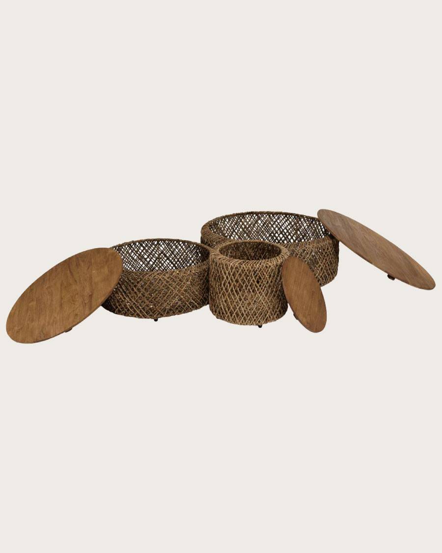 Yuda - Lot de trois tables en bois de teck massif et tissage banane avec rangements - UNIQKA - Imagen 4