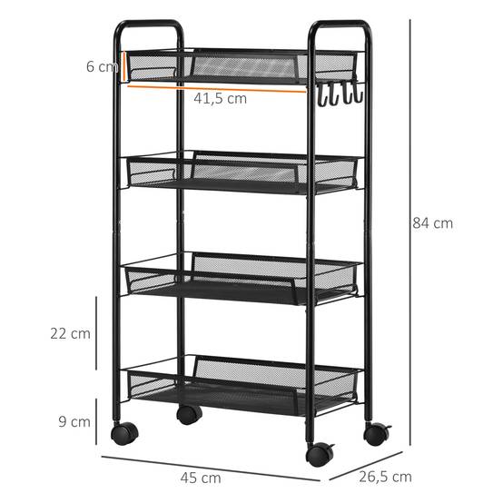 Chariot cuisine salle de bain 4 niveaux avec paniers métalliques, meuble roulant rangement 45x26,5x84 cm noir multifonction - Image 4