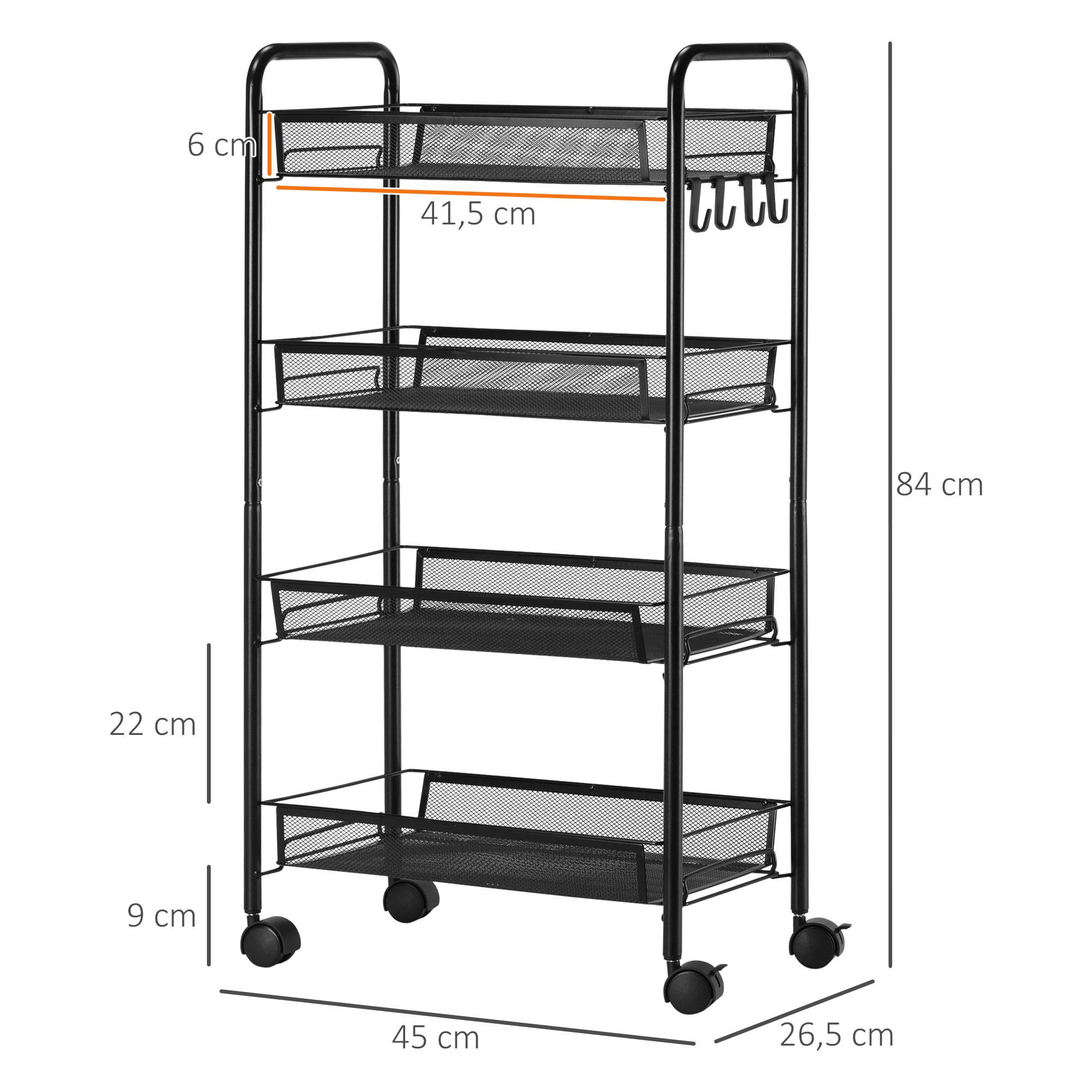 Chariot cuisine salle de bain 4 niveaux avec paniers métalliques, meuble roulant rangement 45x26,5x84 cm noir multifonction - Image 4