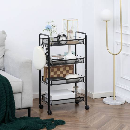Chariot cuisine salle de bain 4 niveaux avec paniers métalliques, meuble roulant rangement 45x26,5x84 cm noir multifonction - Image 3