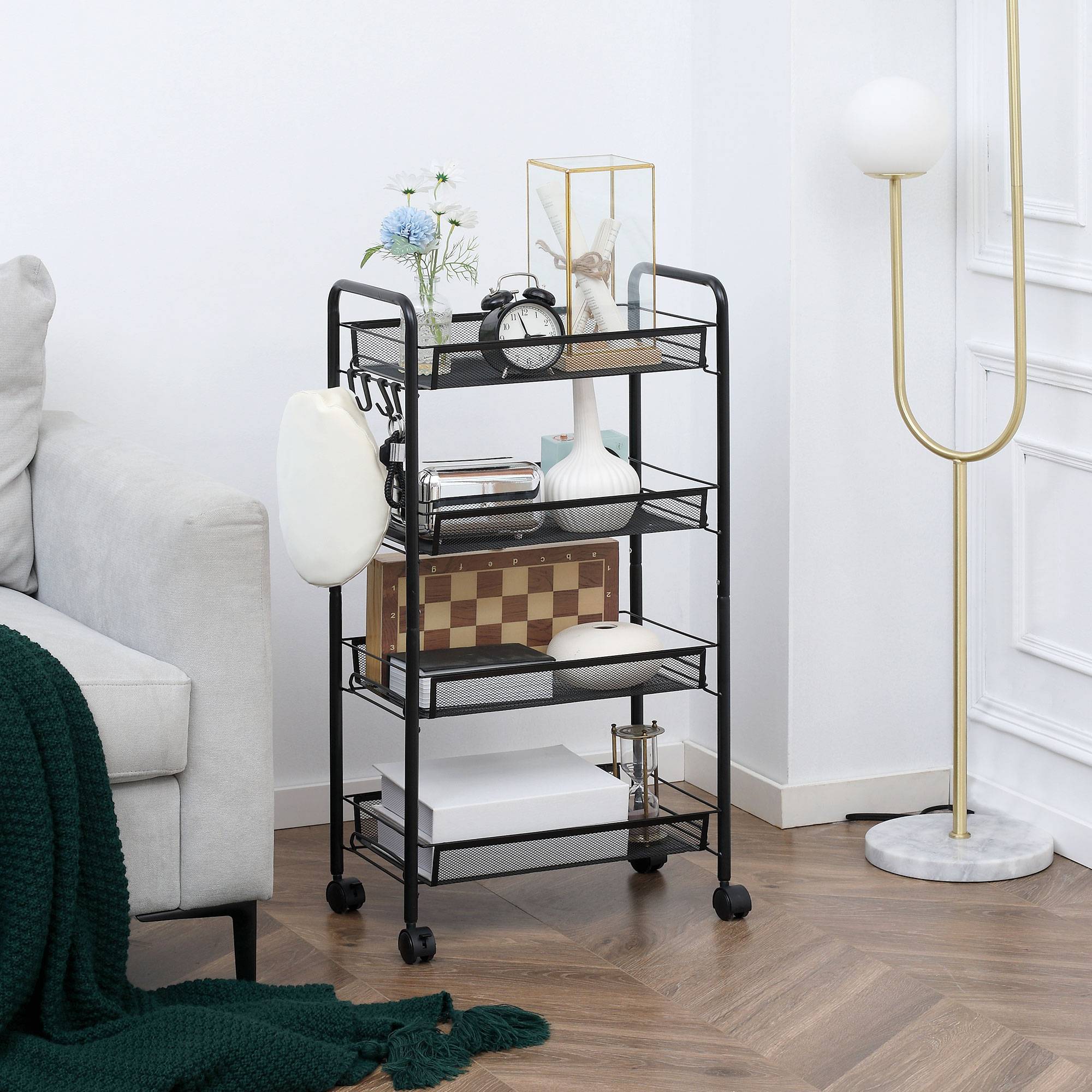 Chariot cuisine salle de bain 4 niveaux avec paniers métalliques, meuble roulant rangement 45x26,5x84 cm noir multifonction - Image 3