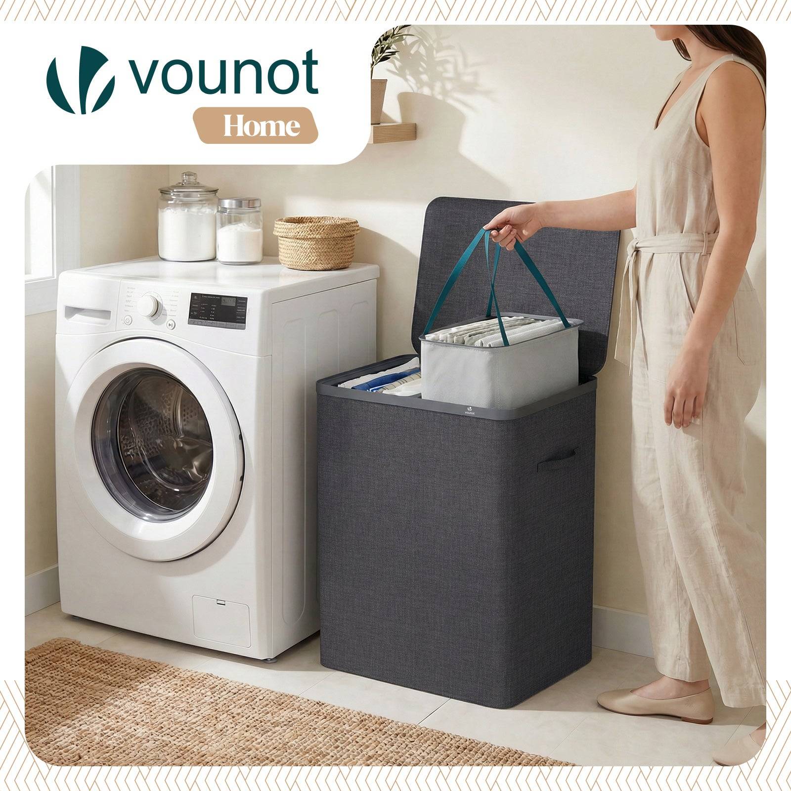Panier à linge 150L avec couvercle et 2 sacs amovibles auto-ajustable - 2 compartiments - anthracite - VOUNOT® - Image 5