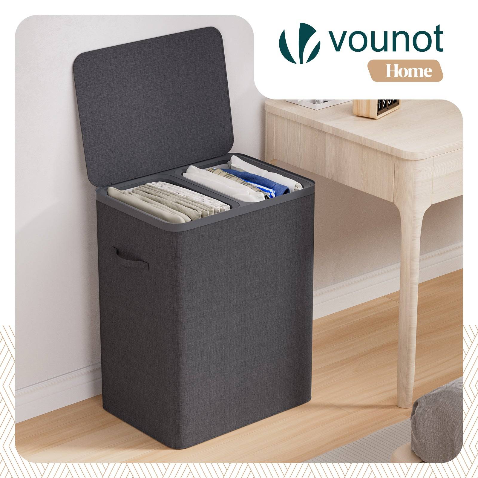 Panier à linge 150L avec couvercle et 2 sacs amovibles auto-ajustable - 2 compartiments - anthracite - VOUNOT® - Image 2