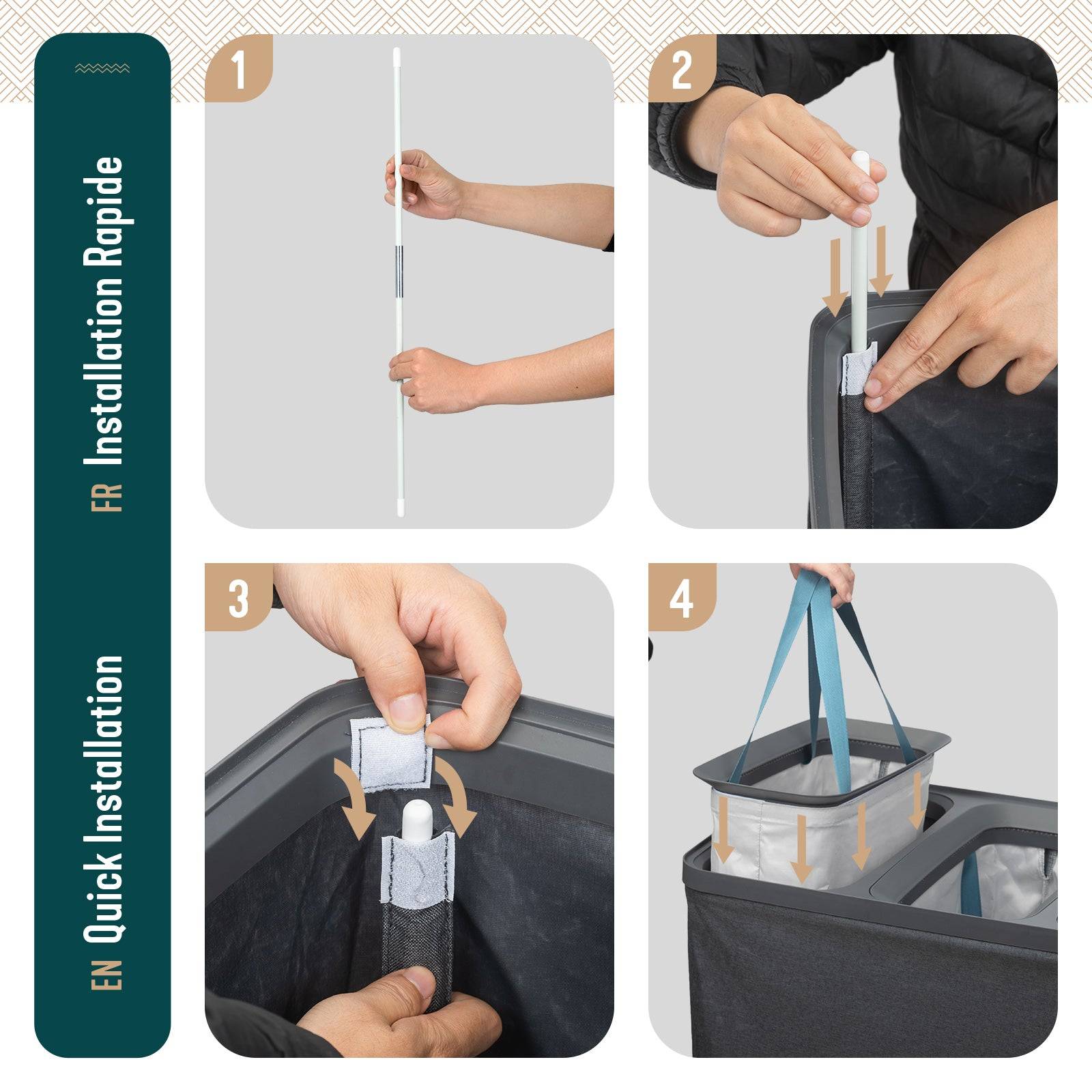 Panier à linge 150L avec couvercle et 2 sacs amovibles auto-ajustable - 2 compartiments - anthracite - VOUNOT® - Image 7
