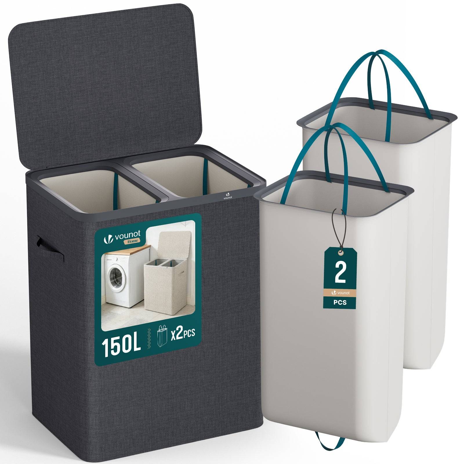 Panier à linge 150L avec couvercle et 2 sacs amovibles auto-ajustable - 2 compartiments - anthracite - VOUNOT® - Image 1