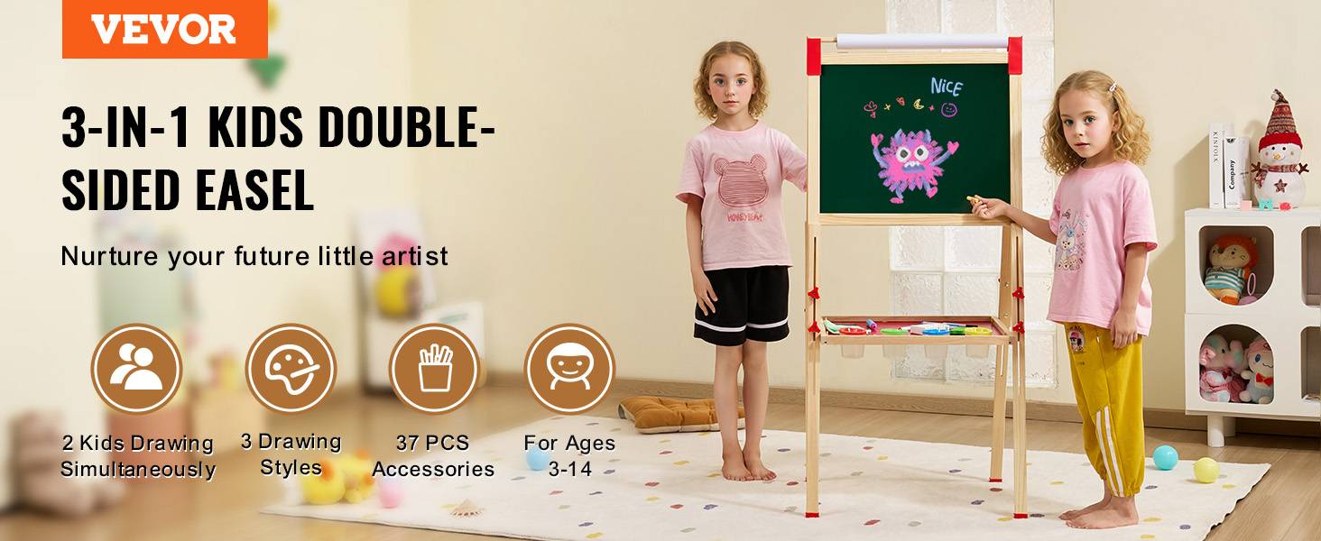 VEVOR Chevalet art enfants, double face, bois 3-en-1, accessoires peinture. - Image 9