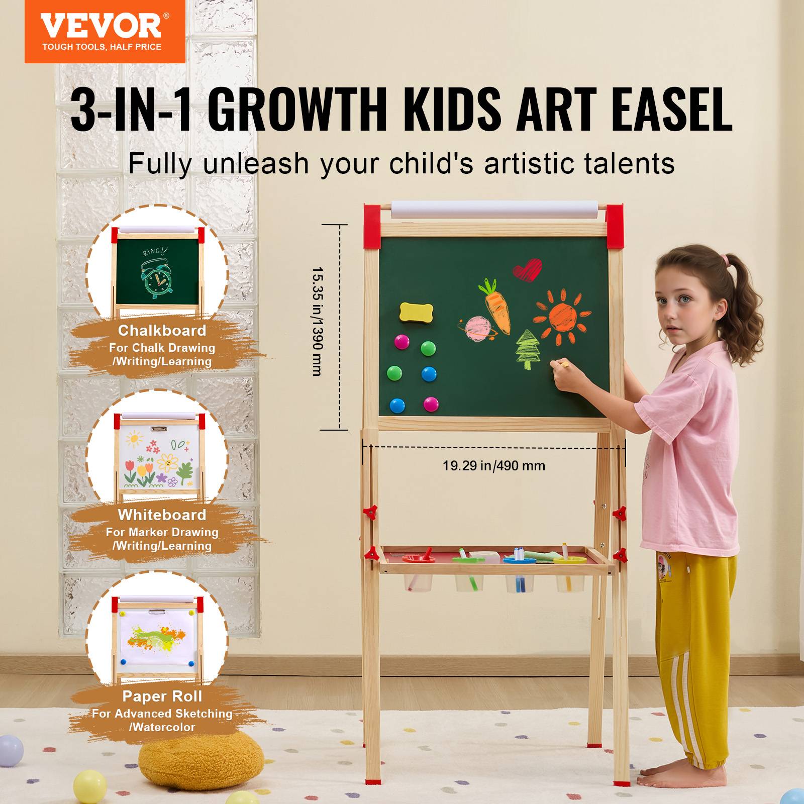 VEVOR Chevalet art enfants, double face, bois 3-en-1, accessoires peinture. - Image 2