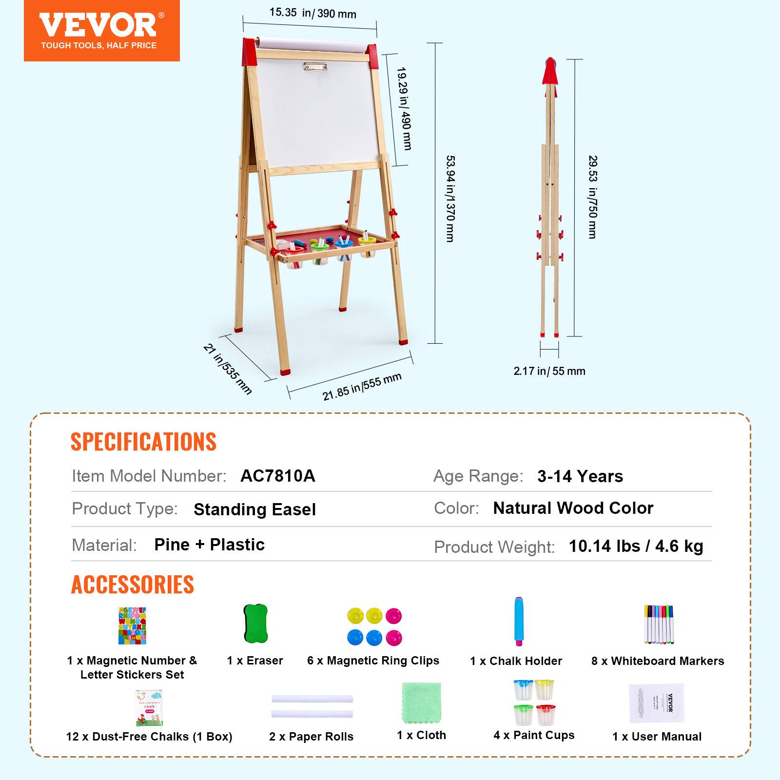 VEVOR Chevalet art enfants, double face, bois 3-en-1, accessoires peinture. - Image 7