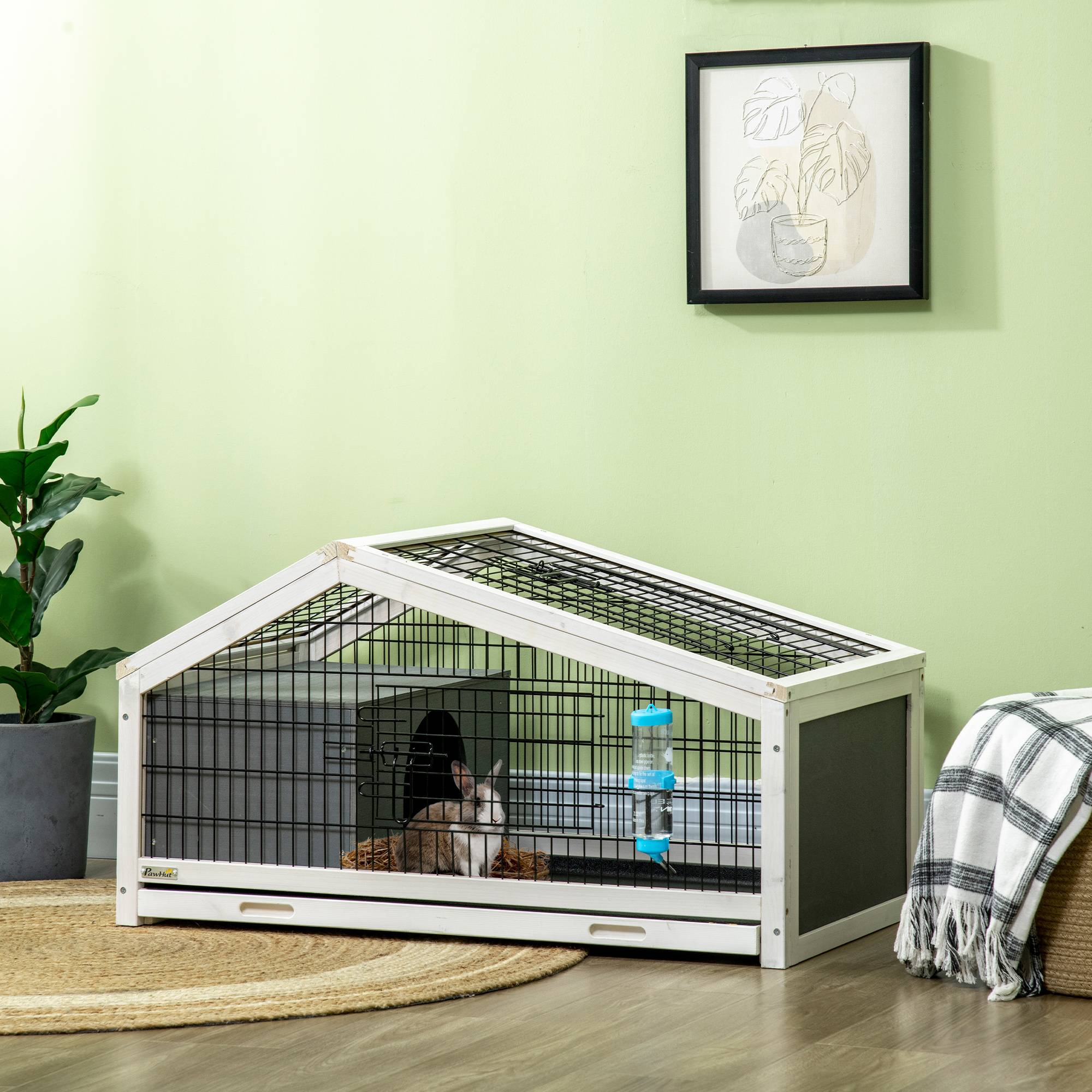Clapier lapin en bois avec niche et espace ouvert pour 1 lapin, 90x53x50cm, gris foncé - Image 3