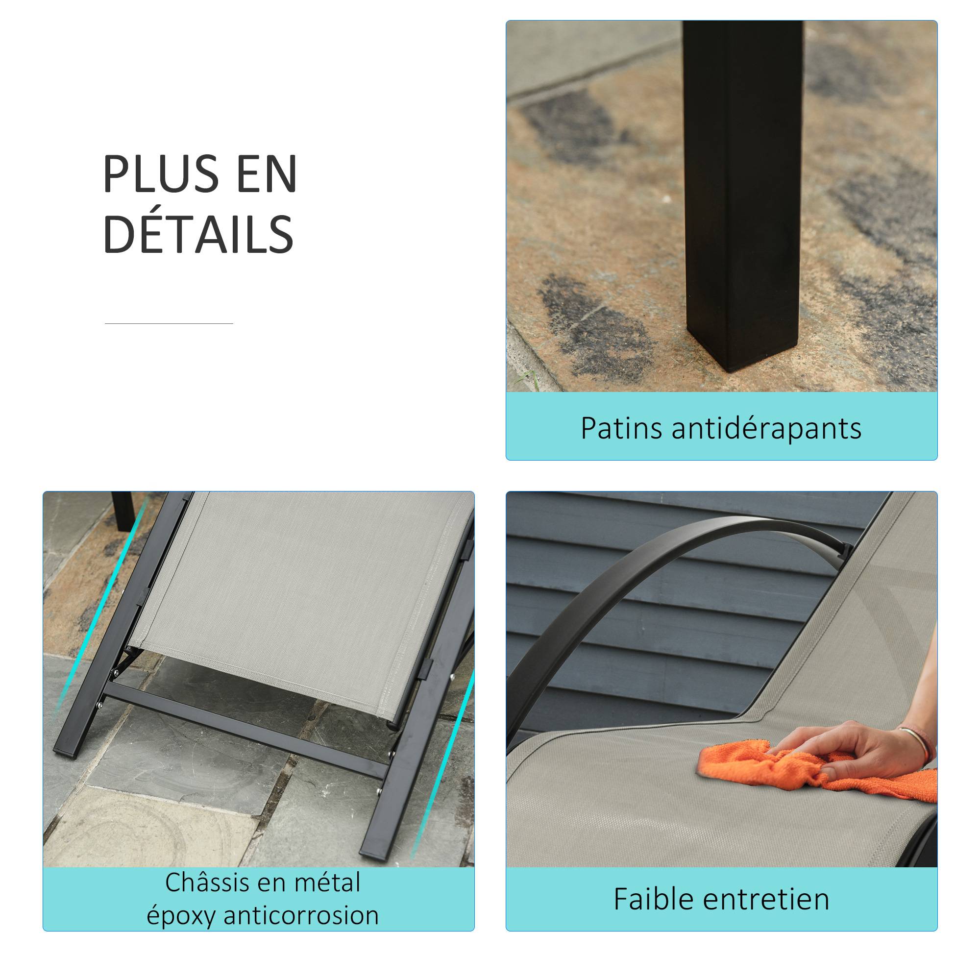 Outsunny - Lot de 2 bains de soleil design contemporain table basse plateau verre trempé métal époxy textilène grège - Outsunny - Imagen 6