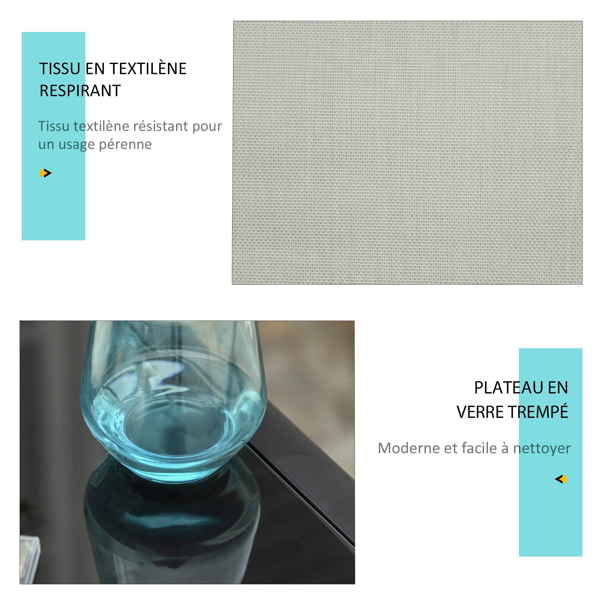 Outsunny - Lot de 2 bains de soleil design contemporain table basse plateau verre trempé métal époxy textilène grège - Outsunny - Imagen 5
