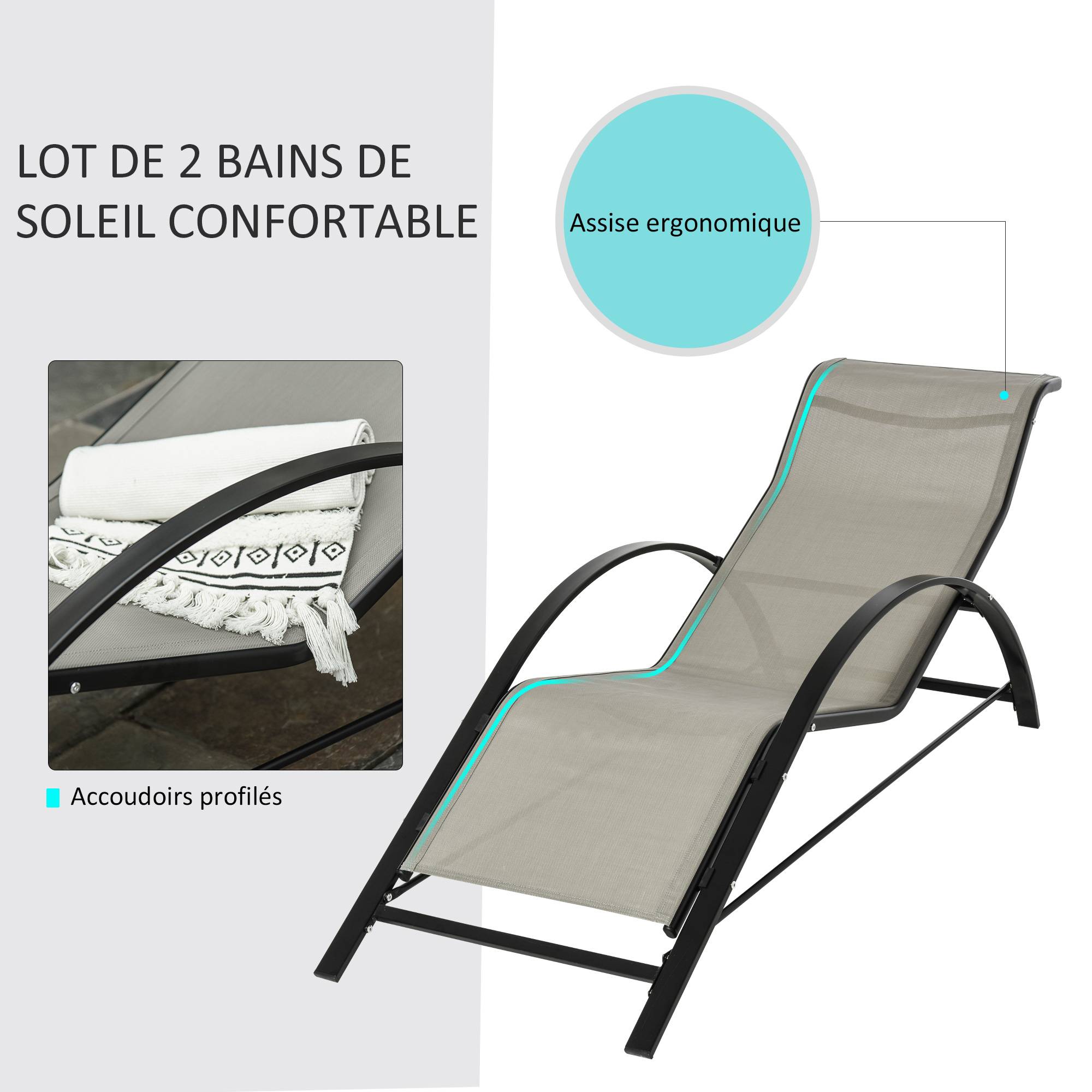 Outsunny - Lot de 2 bains de soleil design contemporain table basse plateau verre trempé métal époxy textilène grège - Outsunny - Imagen 4