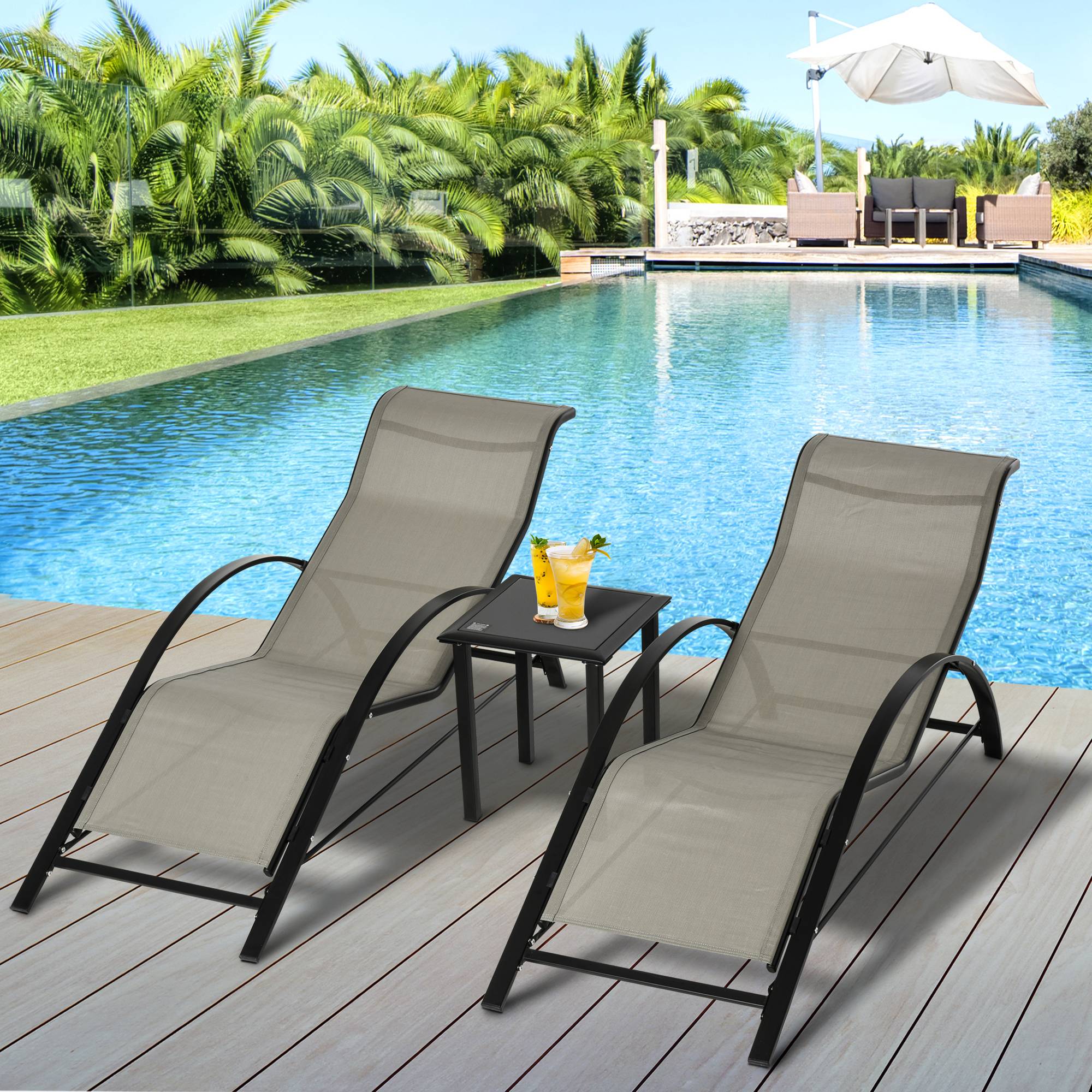 Outsunny - Lot de 2 bains de soleil design contemporain table basse plateau verre trempé métal époxy textilène grège - Outsunny - Imagen 2