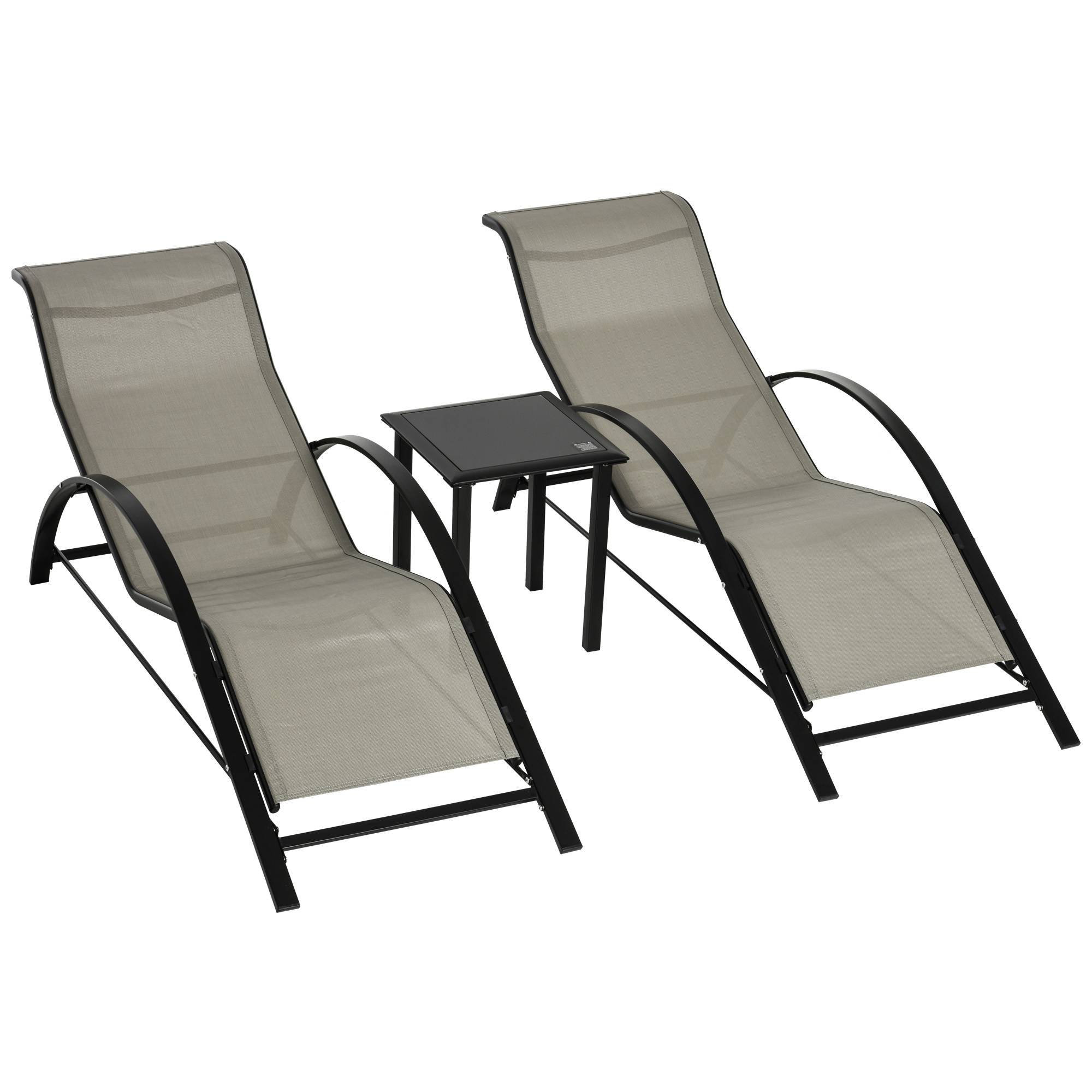 Outsunny - Lot de 2 bains de soleil design contemporain table basse plateau verre trempé métal époxy textilène grège - Outsunny - Imagen 1
