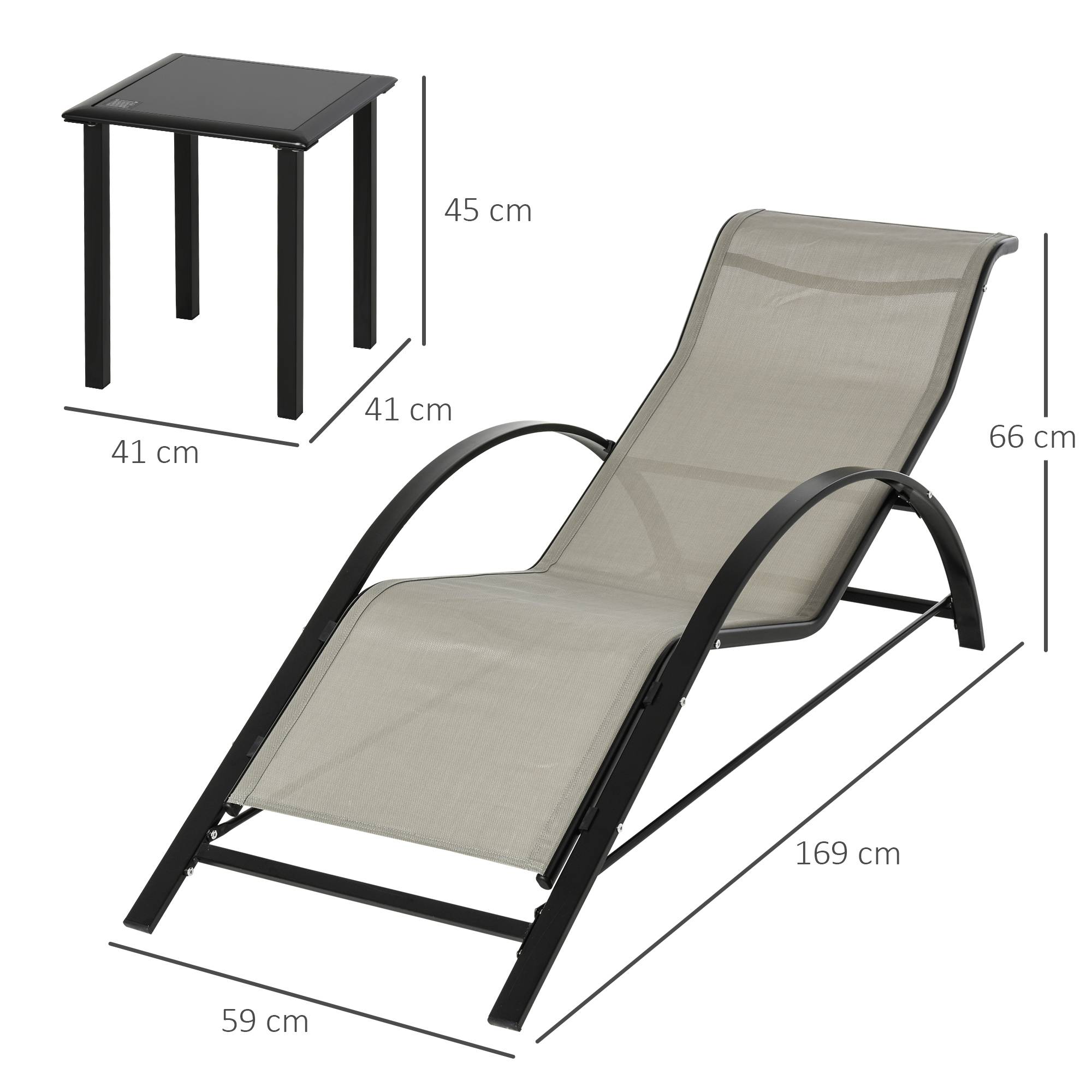 Outsunny - Lot de 2 bains de soleil design contemporain table basse plateau verre trempé métal époxy textilène grège - Outsunny - Imagen 3