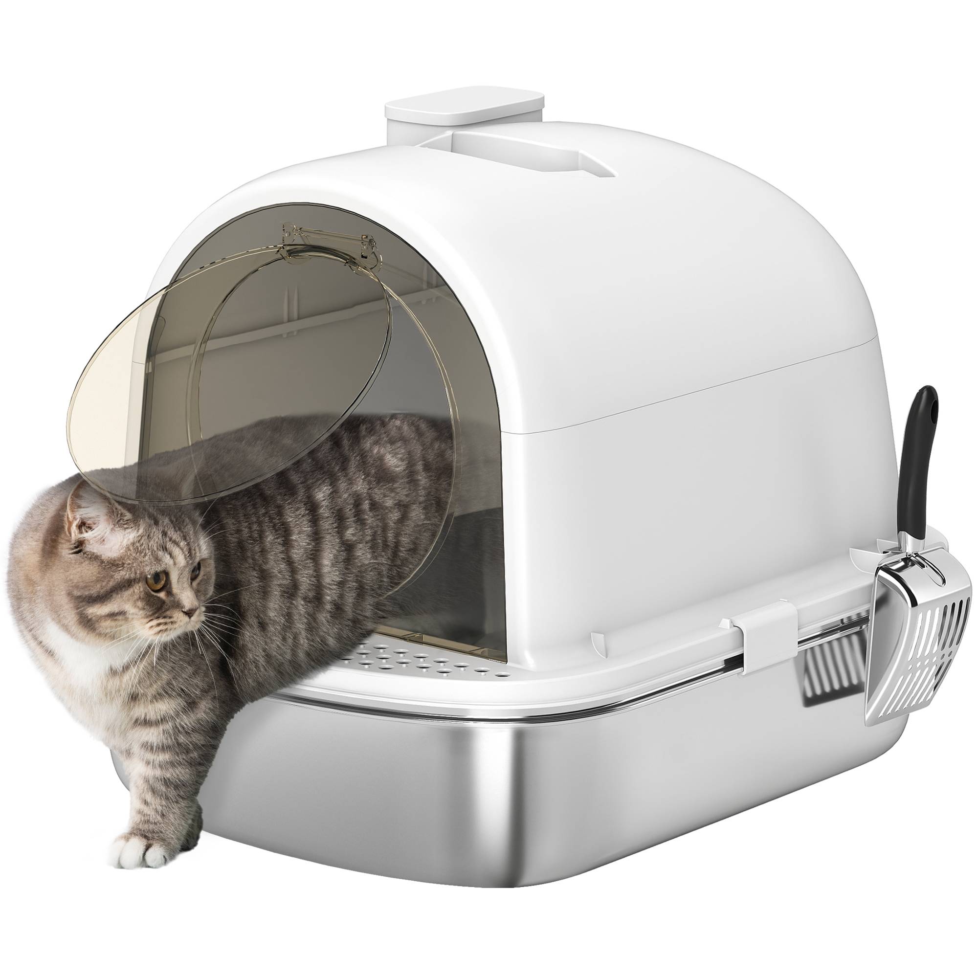 Litière chat acier inoxydable couverte sac désodorisant pelle facile nettoyer 52,4x41,3x39,9 cm blanc - Image 1